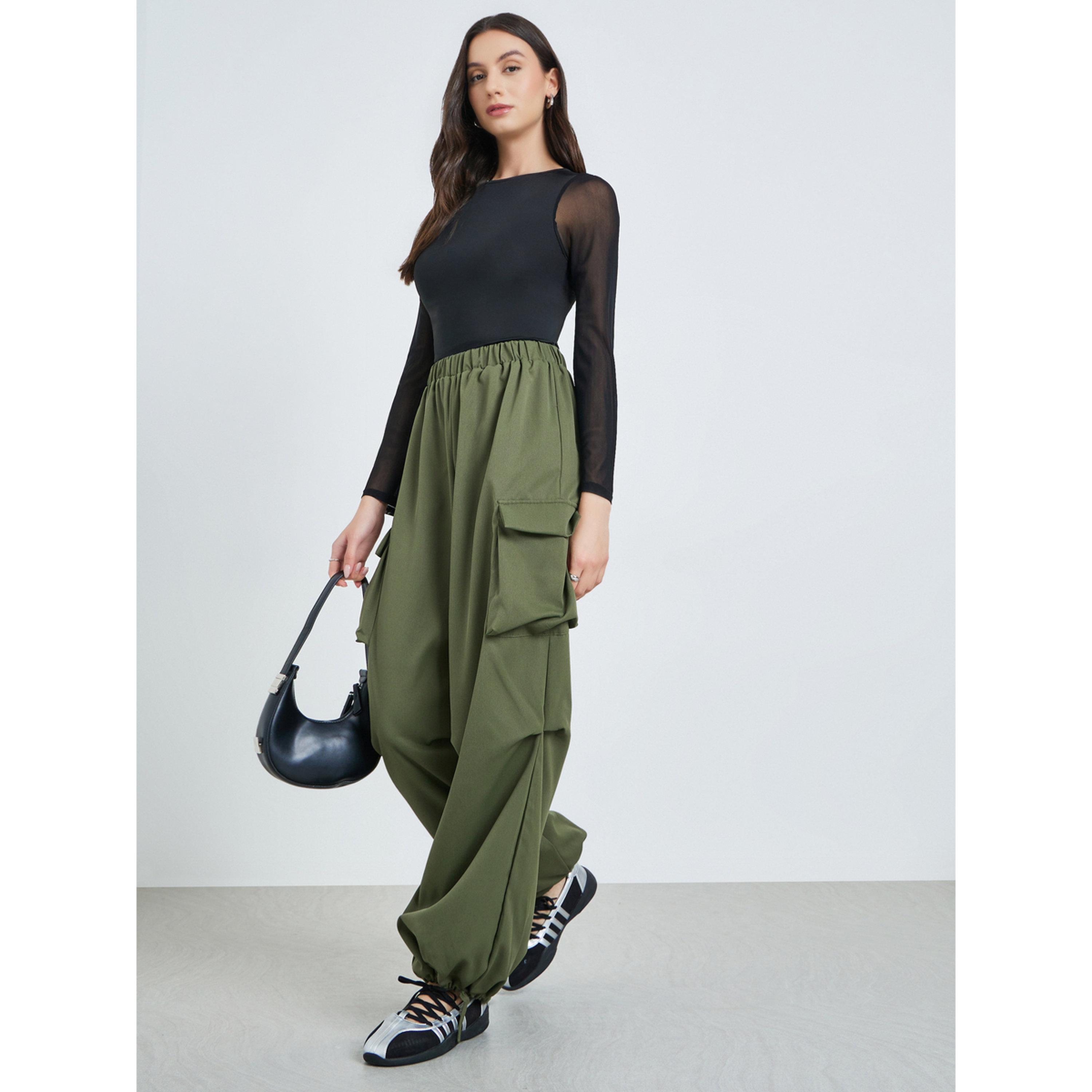 Take Two Green Baggy Cargo Pants with Elastic Waistband-women-clothing-bottoms-joggers-image-2