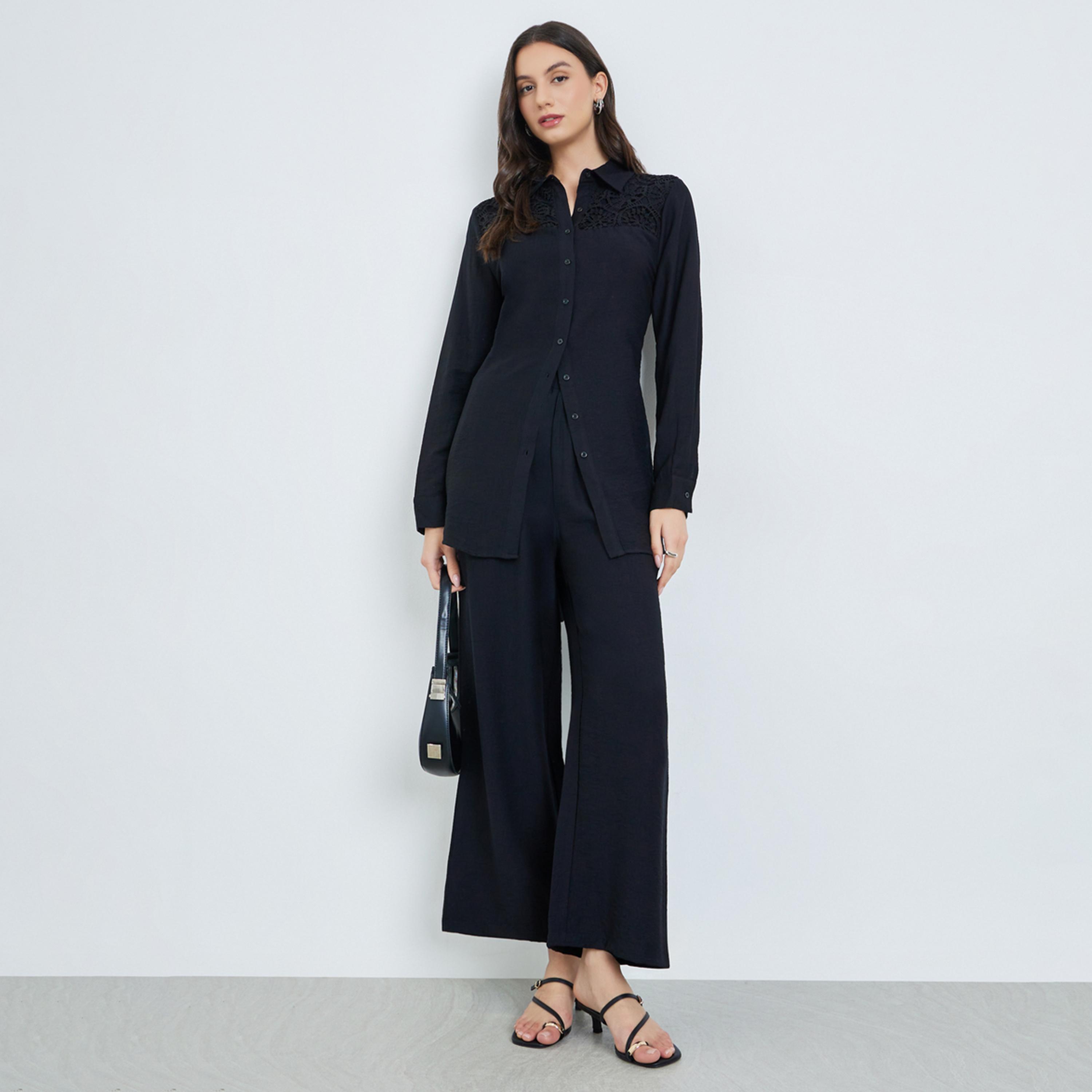 Take Two Black Lace Detail Longline Shirt and Pants Co-Ords-women-clothing-coordsets-image-1