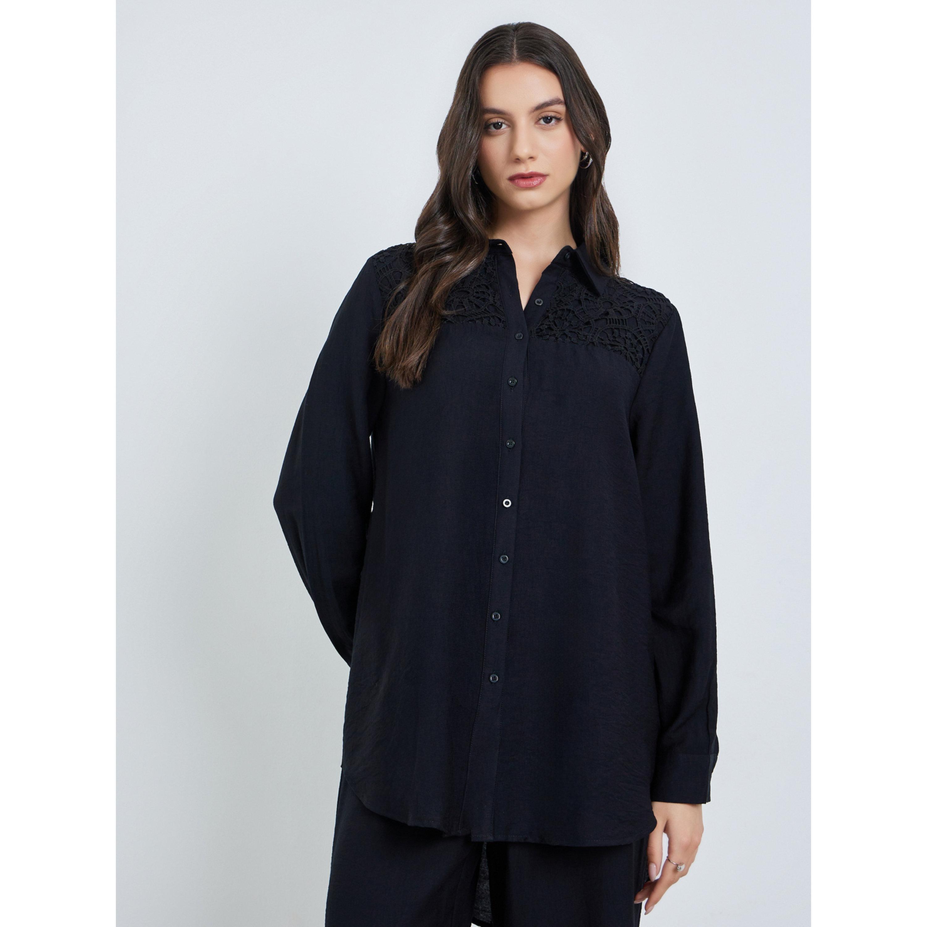 Take Two Black Lace Detail Longline Shirt and Pants Co-Ords-women-clothing-coordsets-image-2