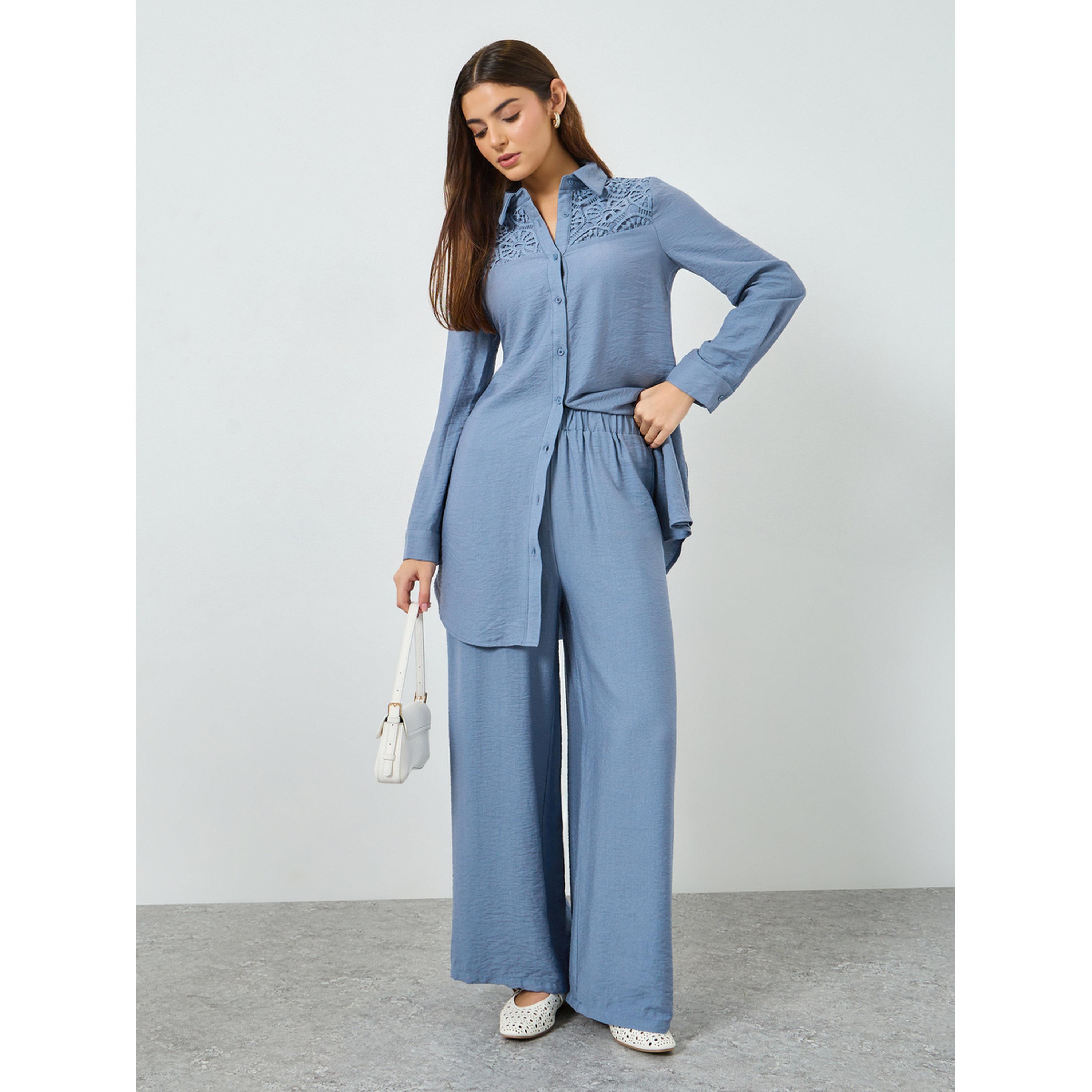 Take Two Blue Lace Detail Longline Shirt and Pants Co-Ords-women-clothing-coordsets-image-1