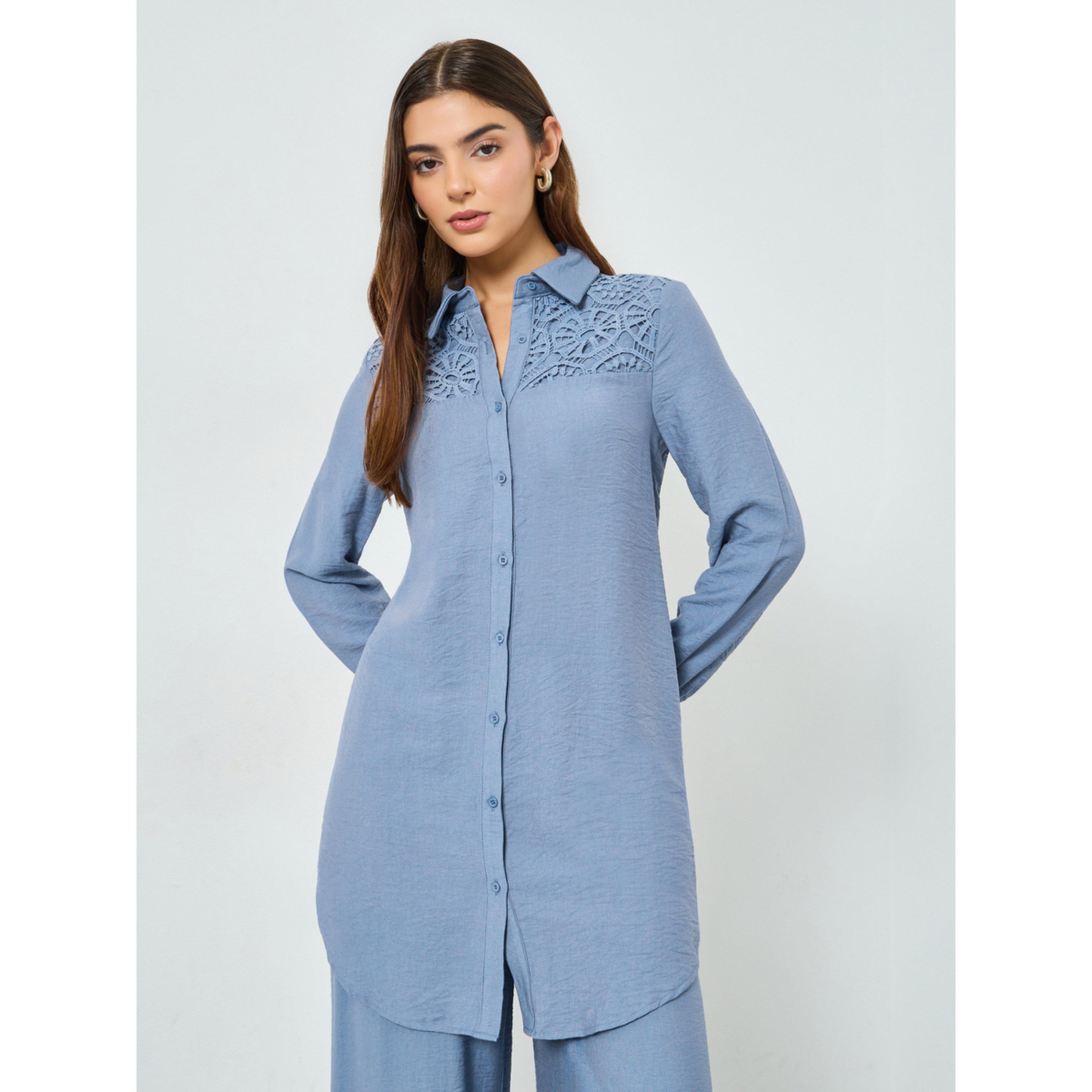 Take Two Blue Lace Detail Longline Shirt and Pants Co-Ords-women-clothing-coordsets-image-3