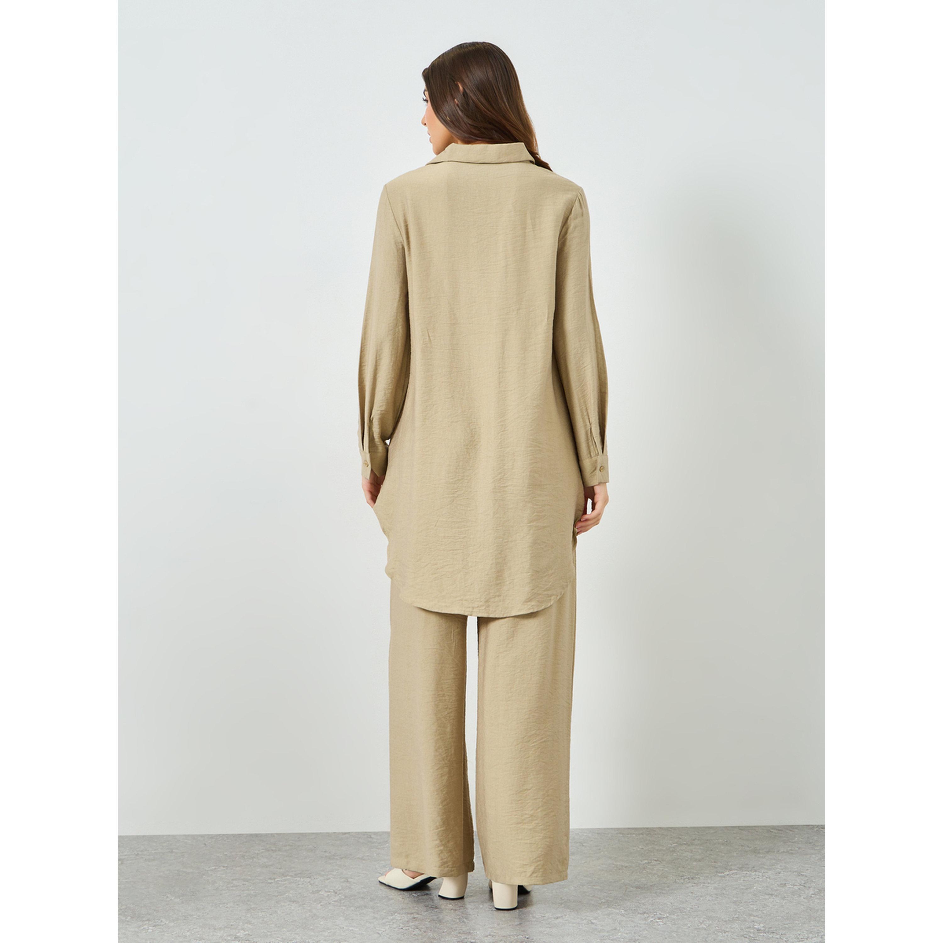 طقم منسق من بنطال وبلوزة طويلة بتفاصيل دانتيل-women-clothing-coordsets-image-4