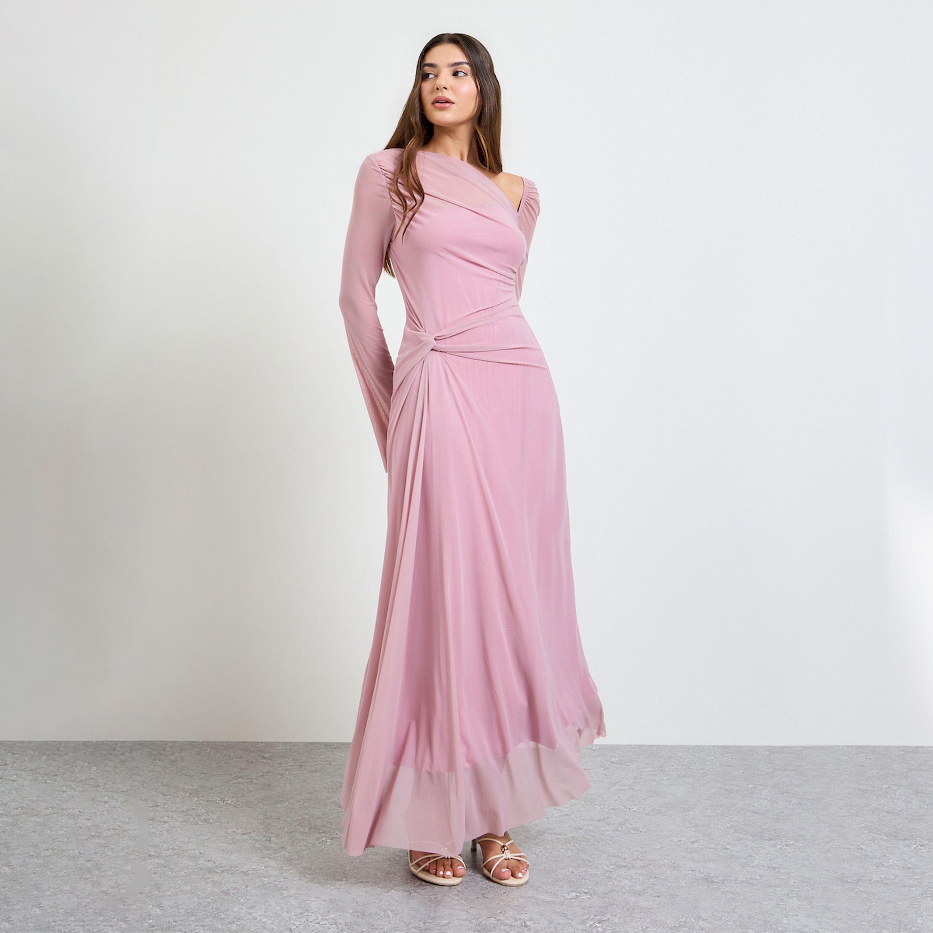 Take Two Pink Gathered Asymmetric Neck Maxi Dress-women-clothing-dresses-image-1