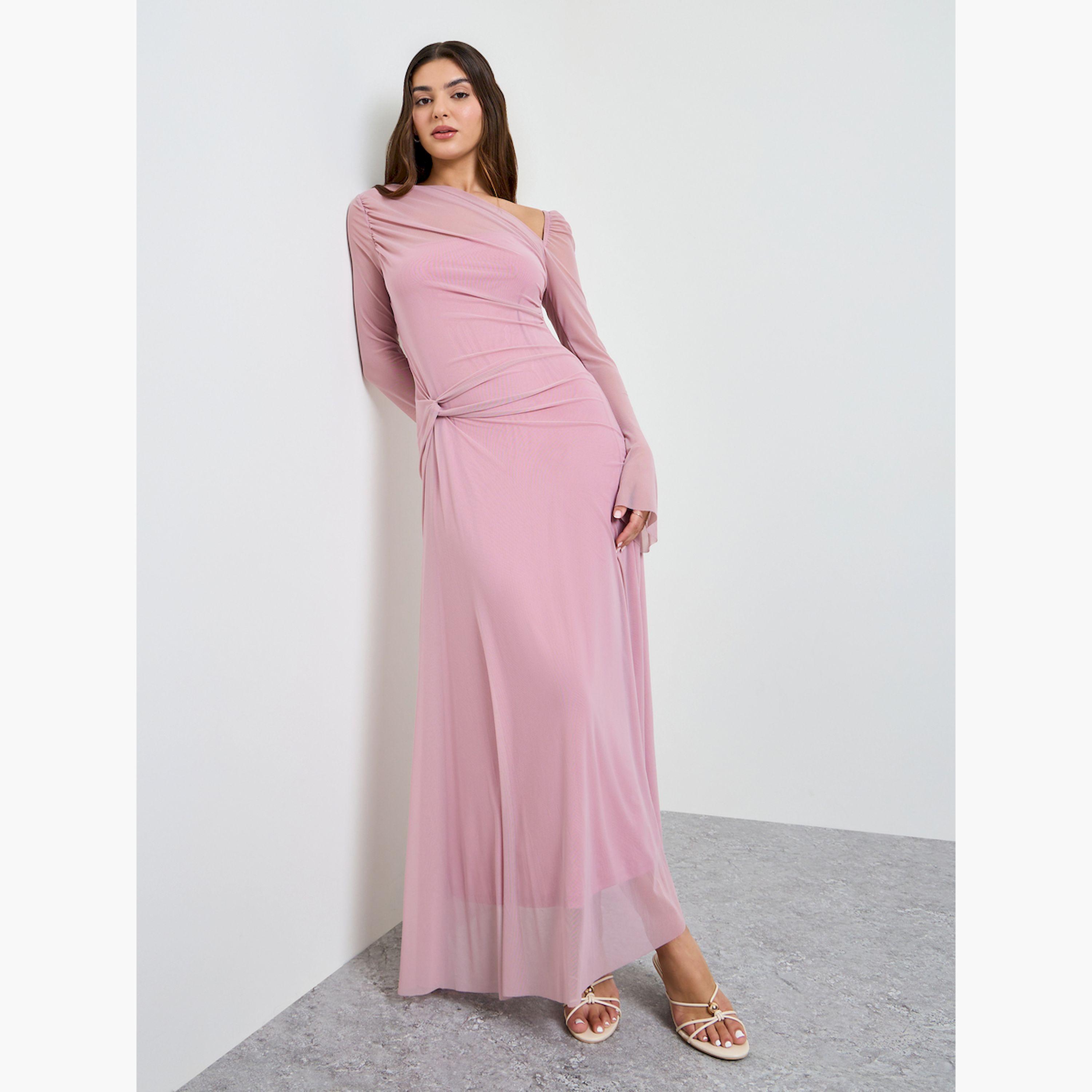 Take Two Pink Gathered Asymmetric Neck Maxi Dress-women-clothing-dresses-image-2