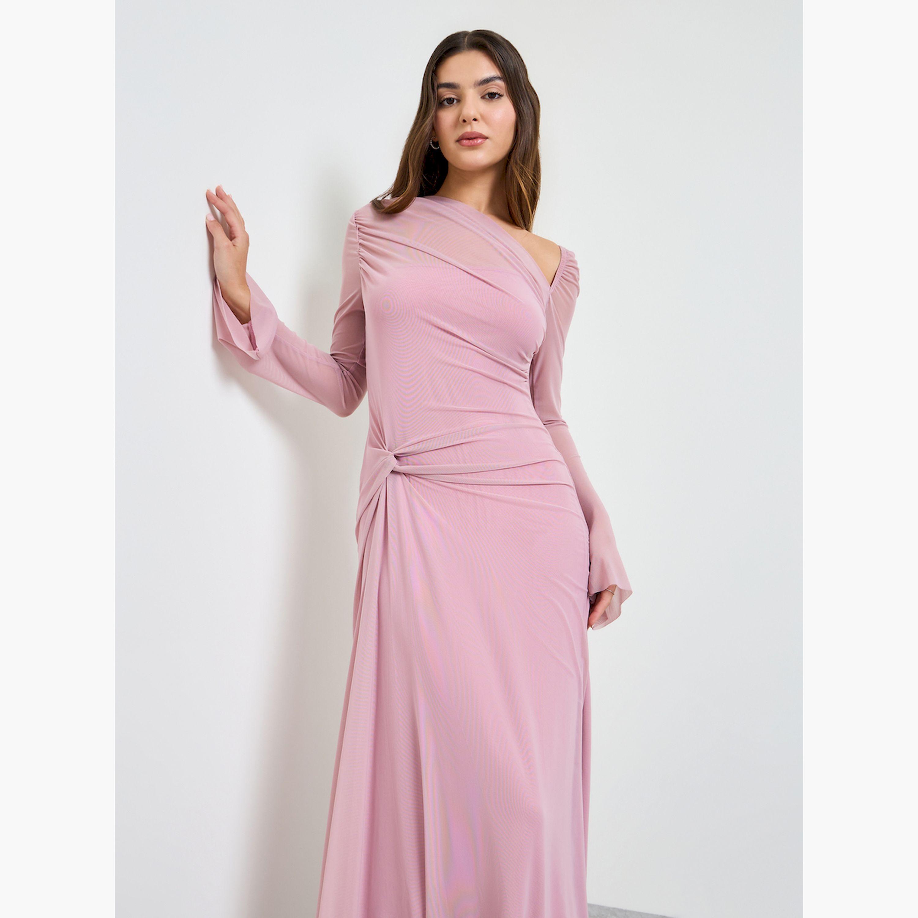 Take Two Pink Gathered Asymmetric Neck Maxi Dress-women-clothing-dresses-image-3
