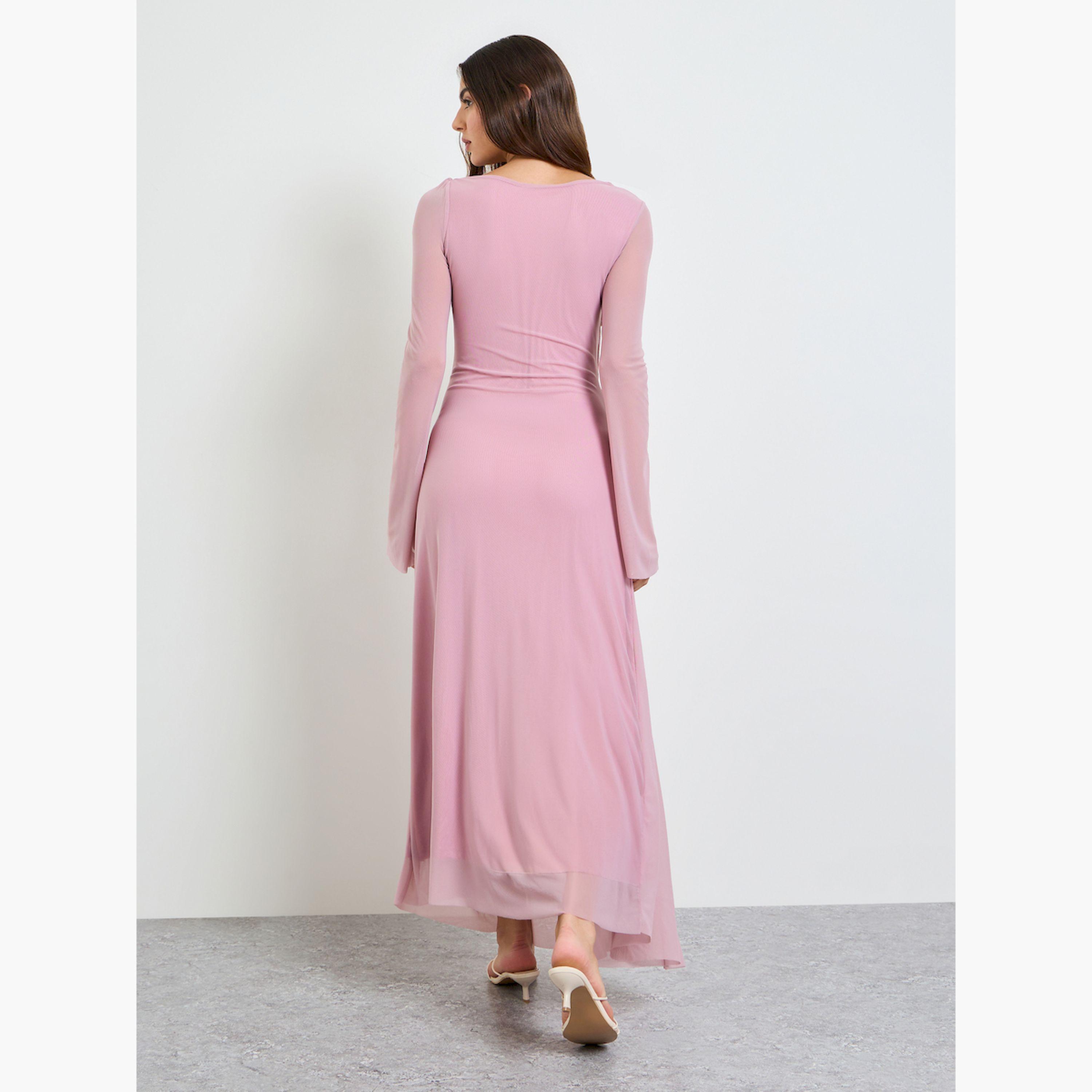 Take Two Pink Gathered Asymmetric Neck Maxi Dress-women-clothing-dresses-image-4