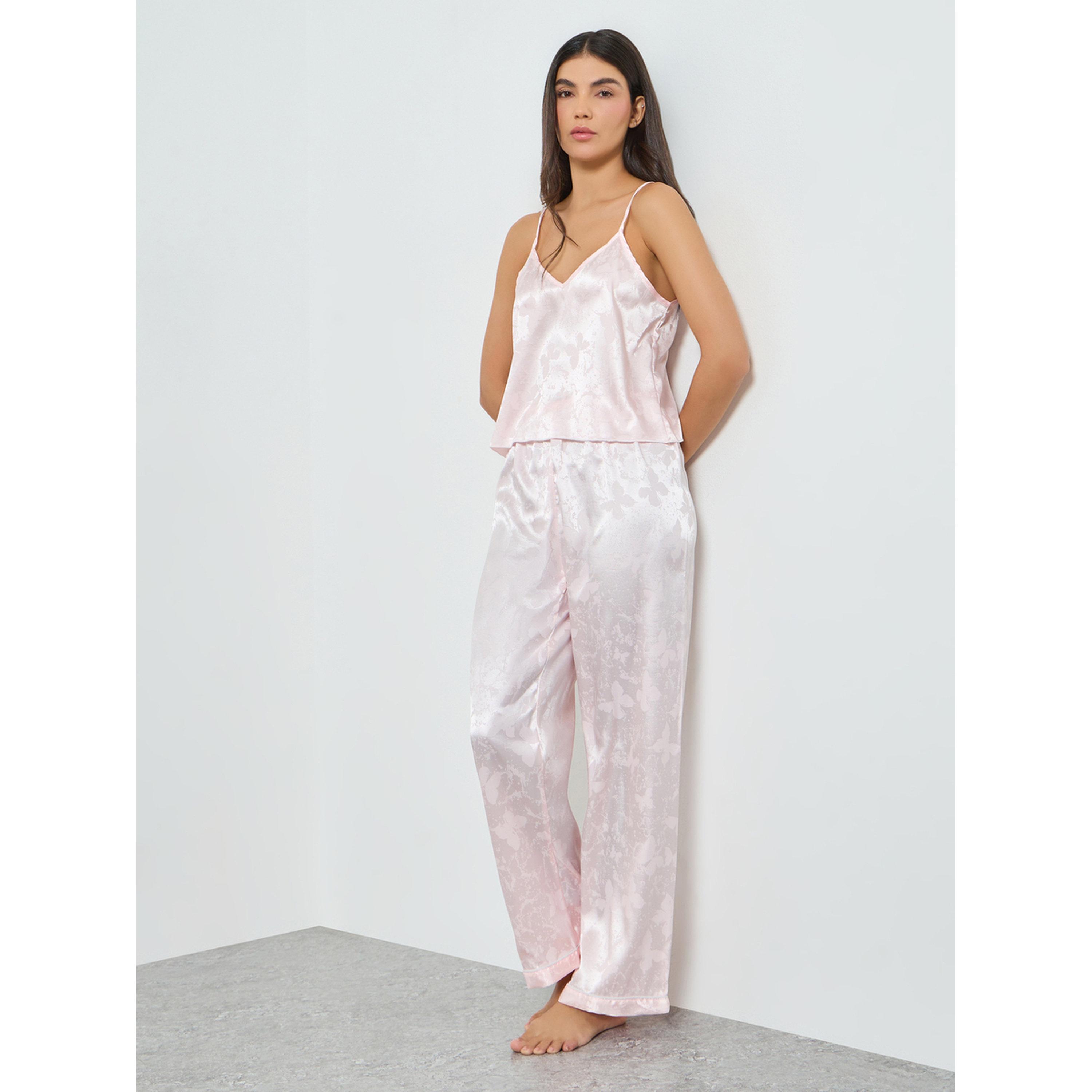 طقم بيجاما من بنطال وبلوزة كامي ساتان بزهور-women-clothing-nightwear-pyjamas-longsets-image-1