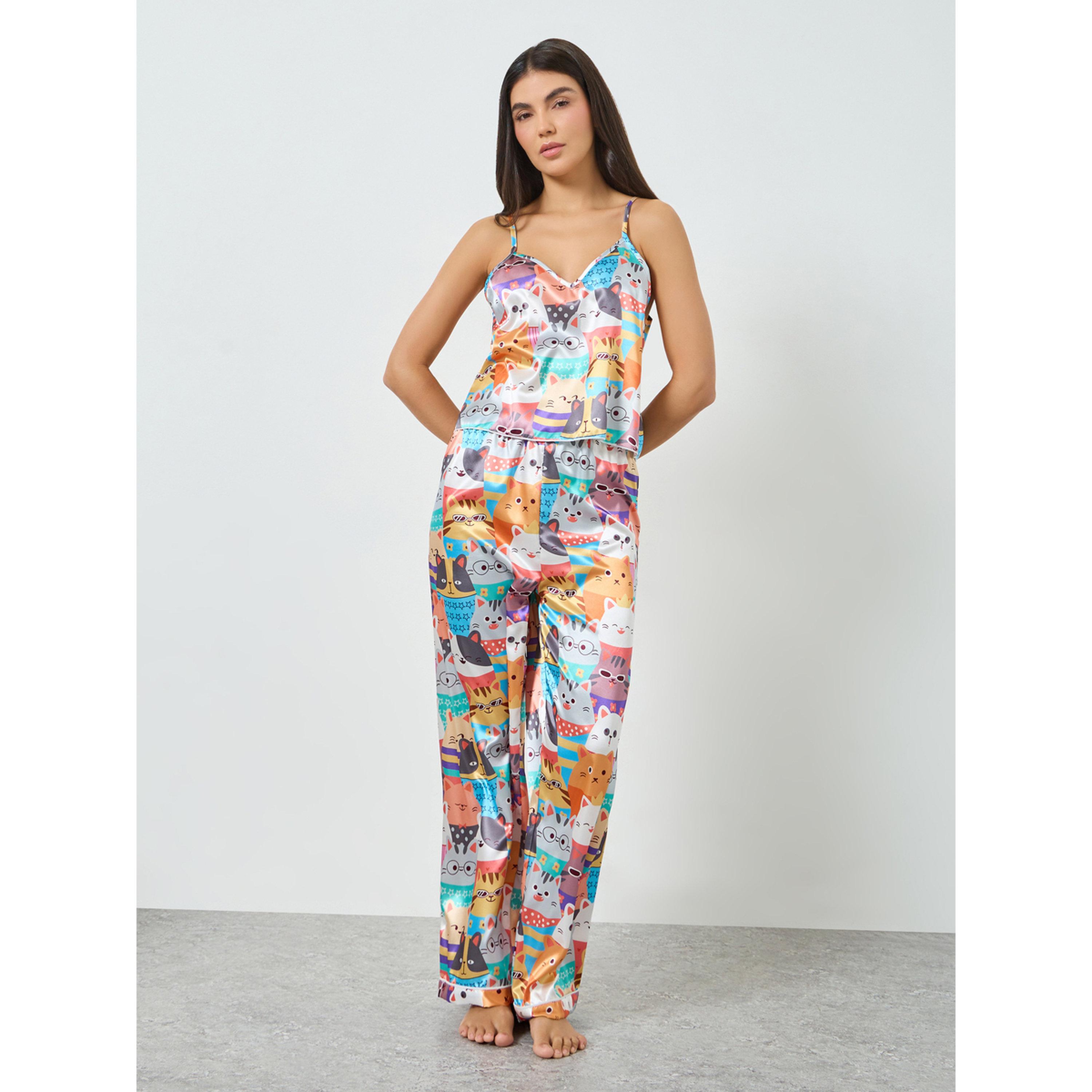 طقم بيجاما من بنطال وبلوزة كامي بطبعة قطة-women-clothing-nightwear-pyjamas-longsets-image-1
