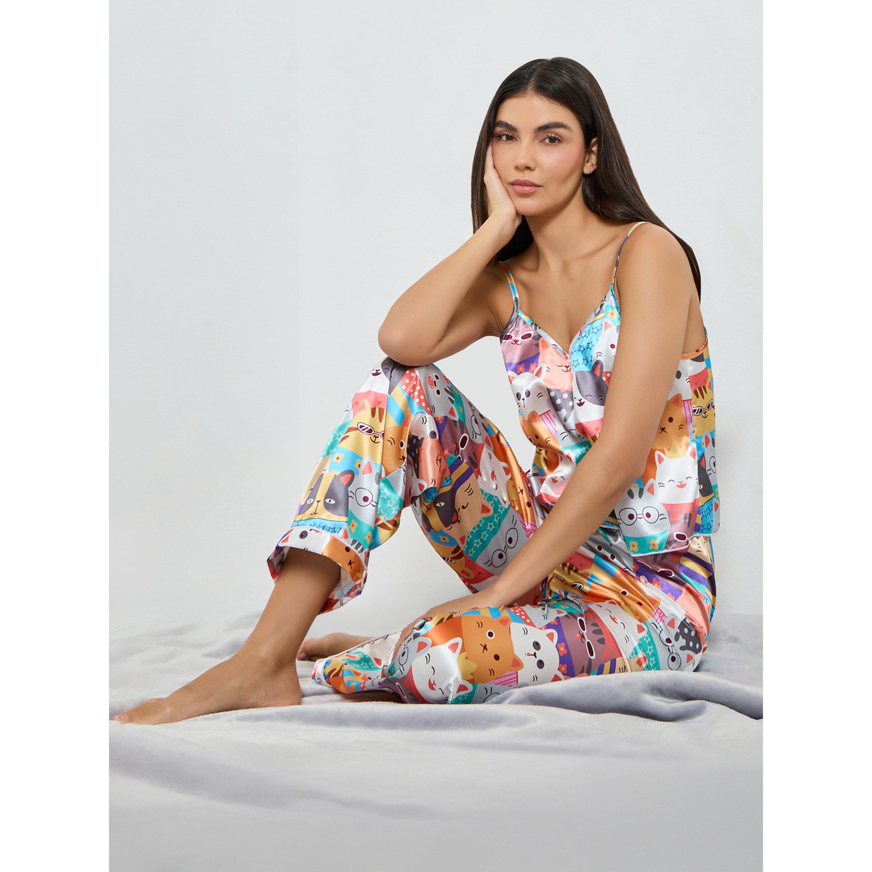 طقم بيجاما من بنطال وبلوزة كامي بطبعة قطة-women-clothing-nightwear-pyjamas-longsets-image-2