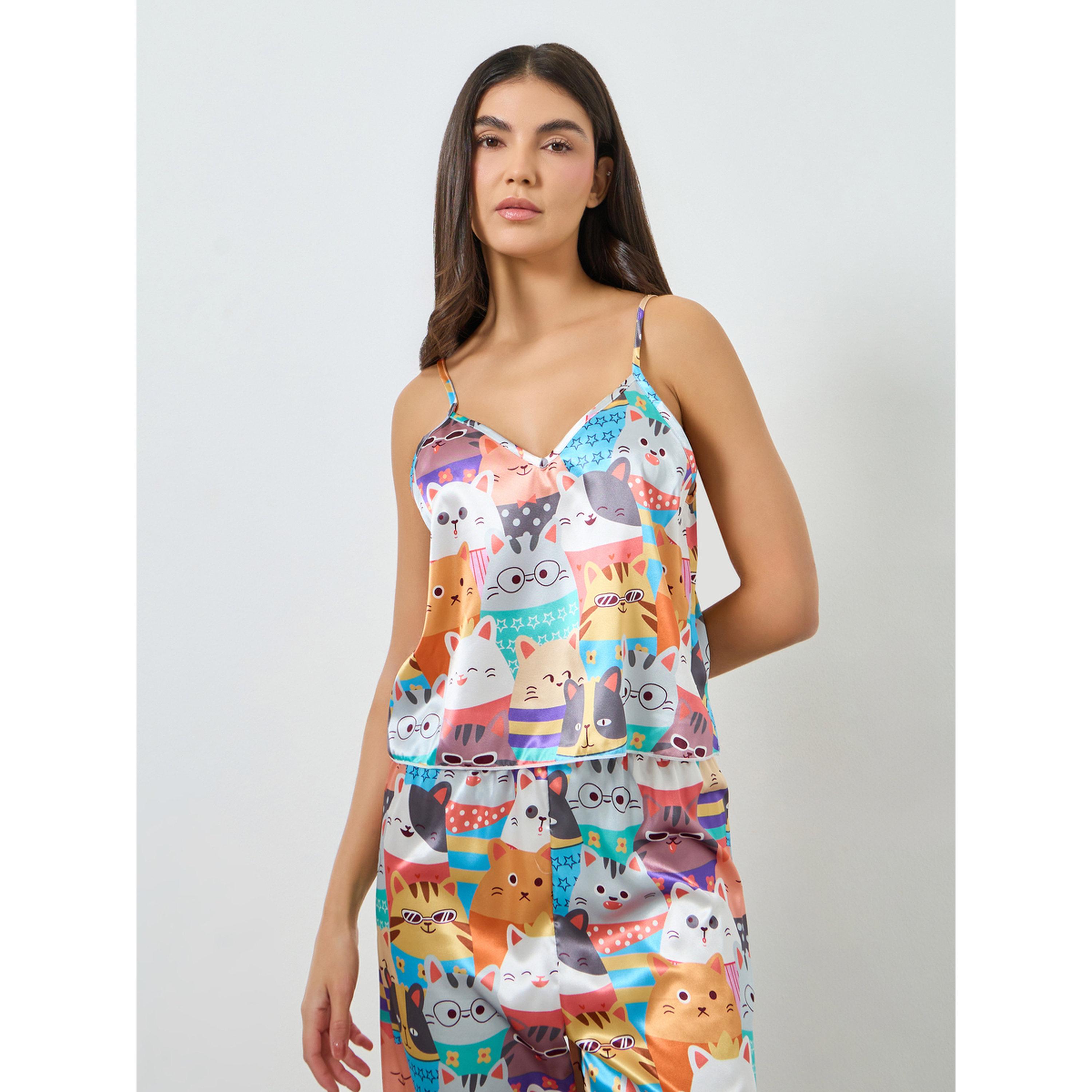 طقم بيجاما من بنطال وبلوزة كامي بطبعة قطة-women-clothing-nightwear-pyjamas-longsets-image-3