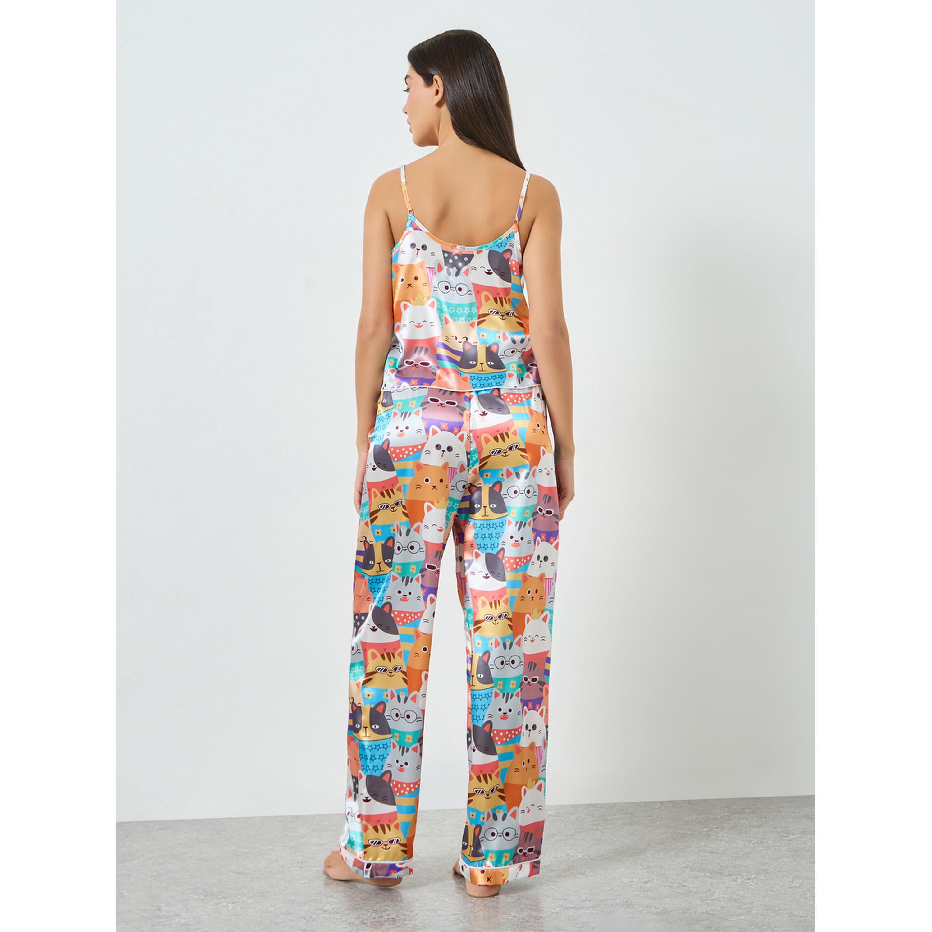طقم بيجاما من بنطال وبلوزة كامي بطبعة قطة-women-clothing-nightwear-pyjamas-longsets-image-4
