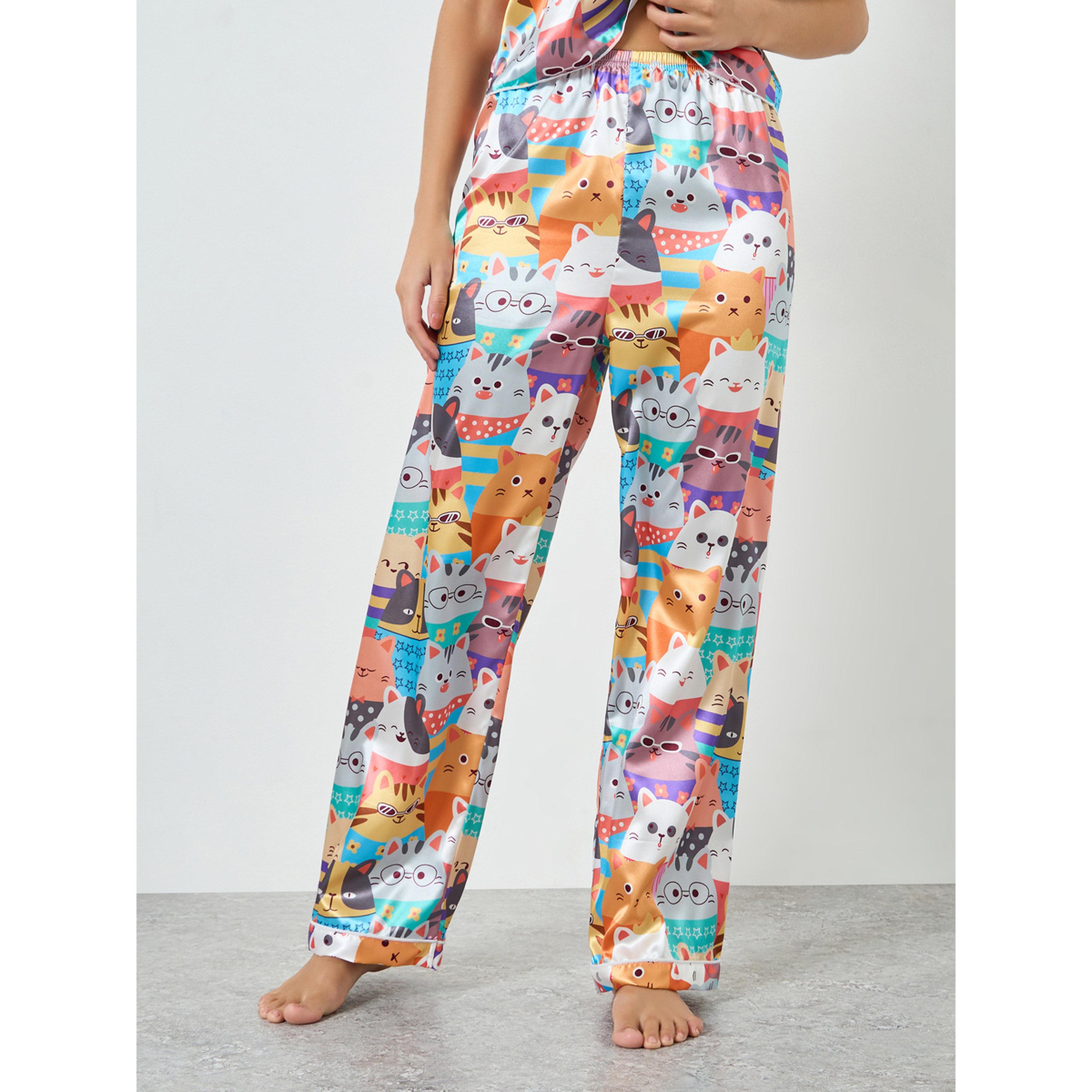 طقم بيجاما من بنطال وبلوزة كامي بطبعة قطة-women-clothing-nightwear-pyjamas-longsets-image-5