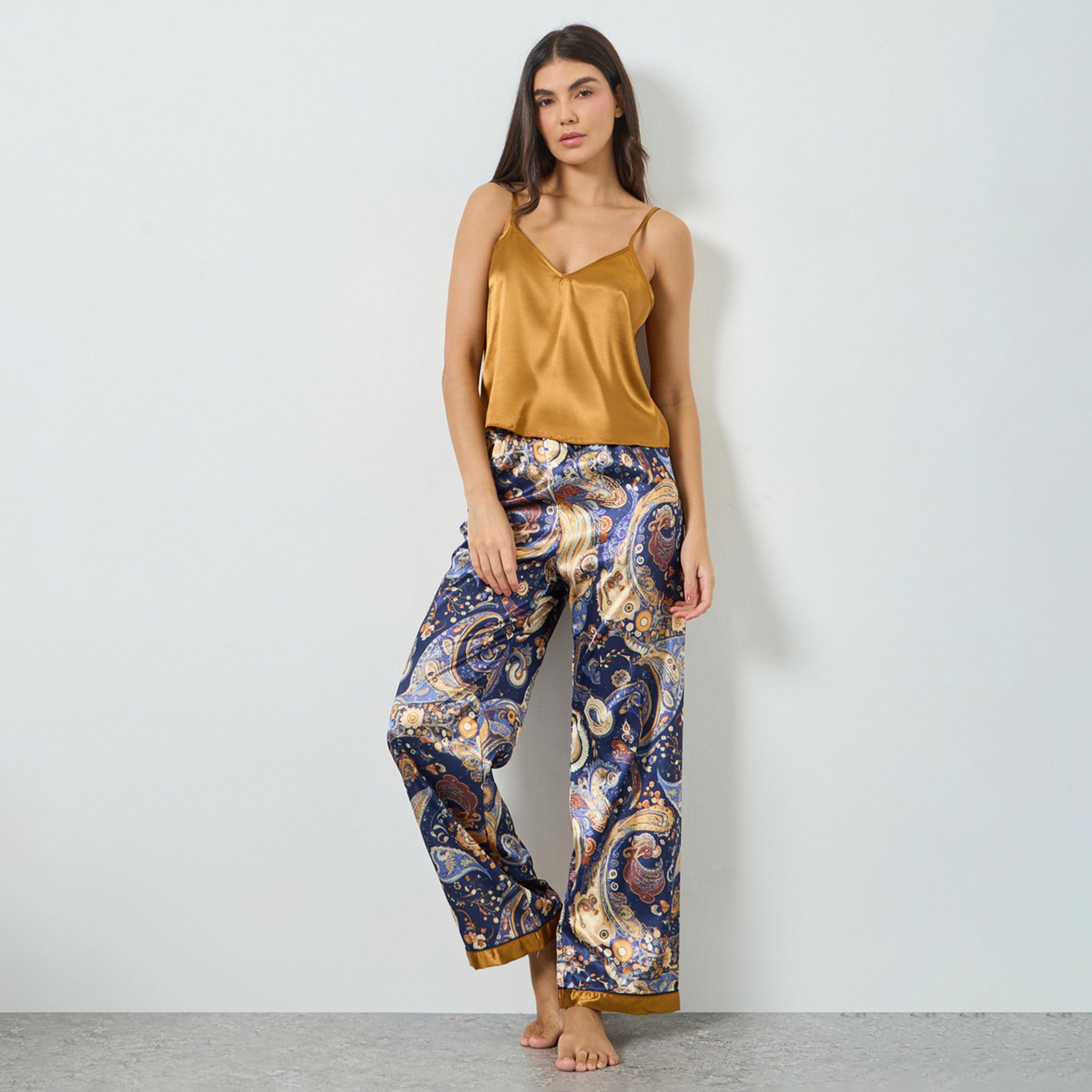 Take Two Solid Satin Cami and Paisley Print Pyjama Set-women-clothing-nightwear-pyjamas-longsets-image-1