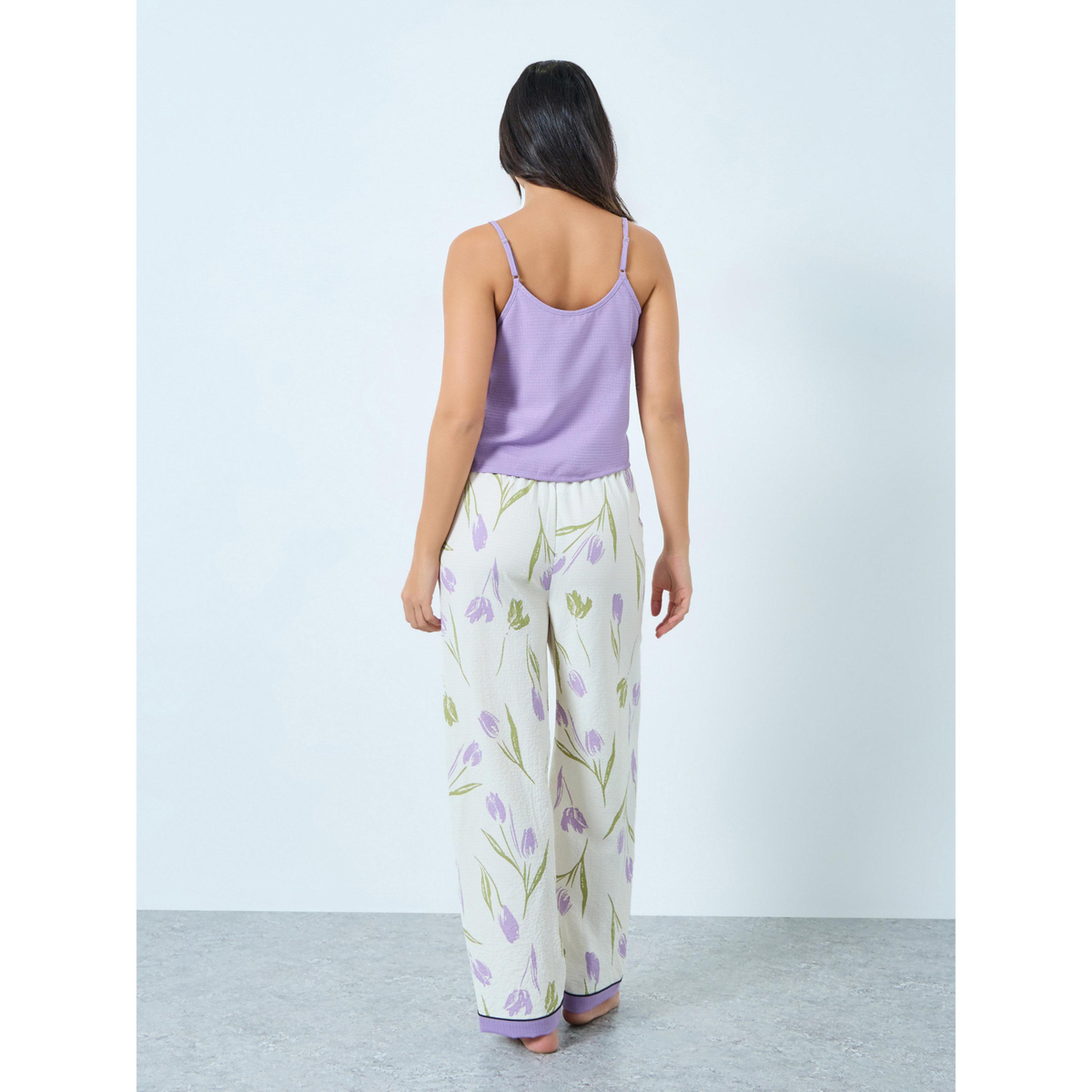 طقم بيجاما من بنطال بطبعة زهور وبلوزة كامي بتصميم بارز-women-clothing-nightwear-pyjamas-longsets-image-3