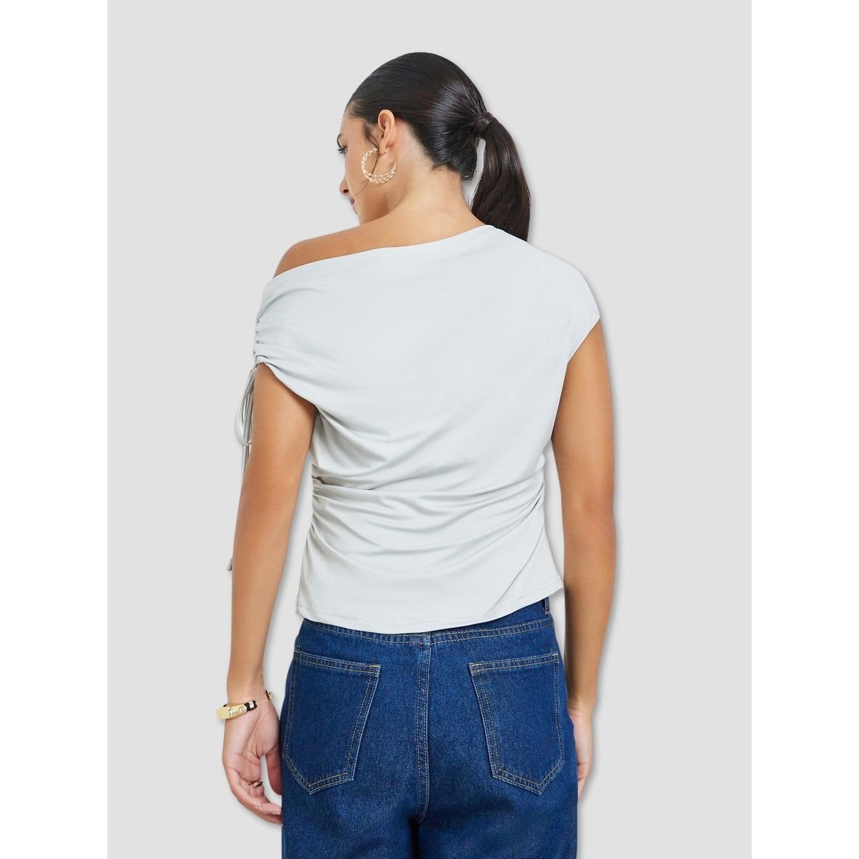 Styli Grey Asymmetrical Shoulder Drawstring Knit Top-women-clothing-shirtsandblouses-blouses-image-3