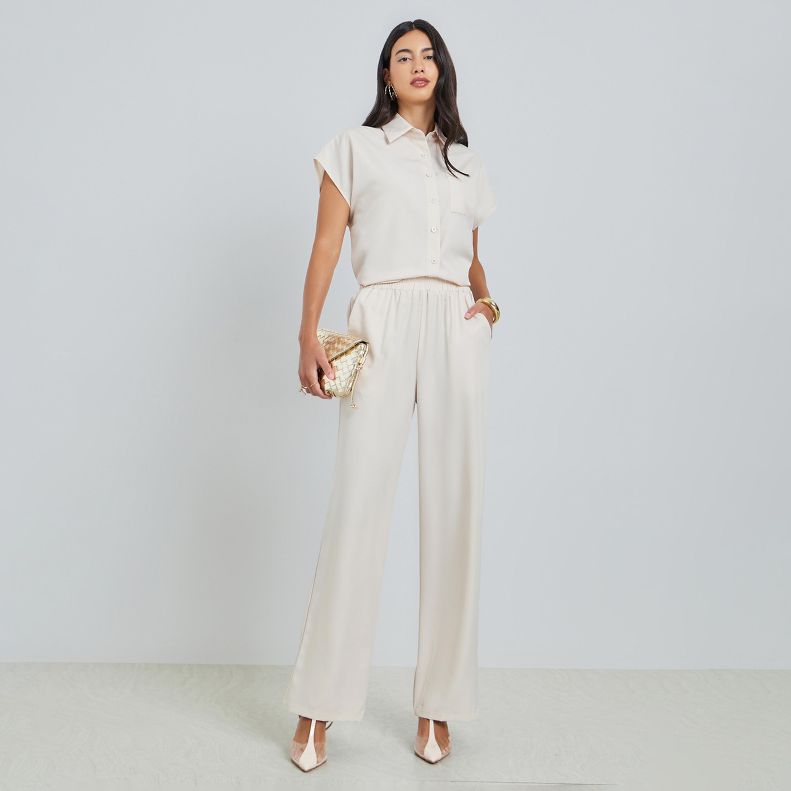 Styli Beige Short Sleeve Shirt and Wide Leg Pants Set-women-clothing-coordsets-image-1