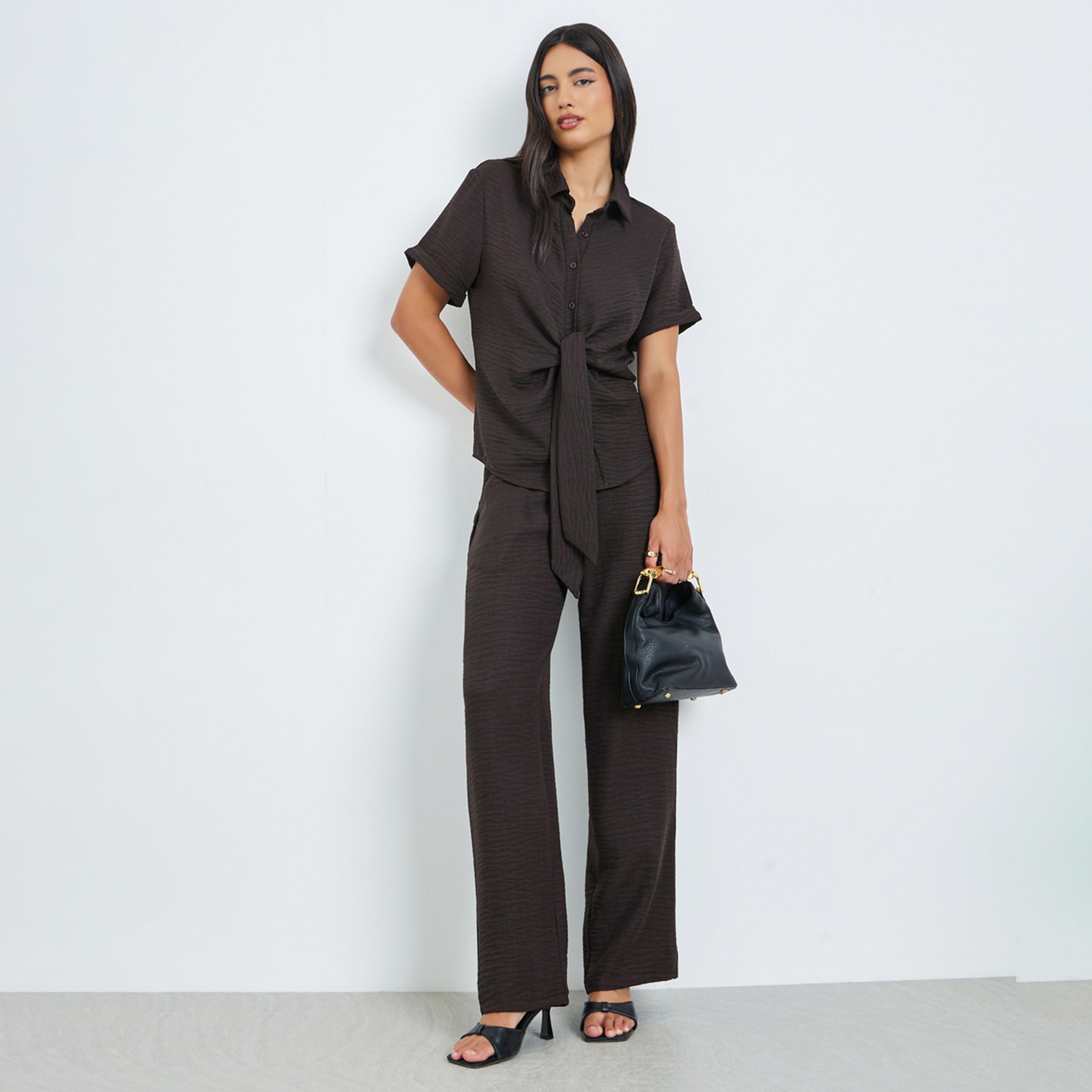 Styli Brown Short Sleeve Top with Wide Leg Pants Co-Ords-women-clothing-coordsets-image-1