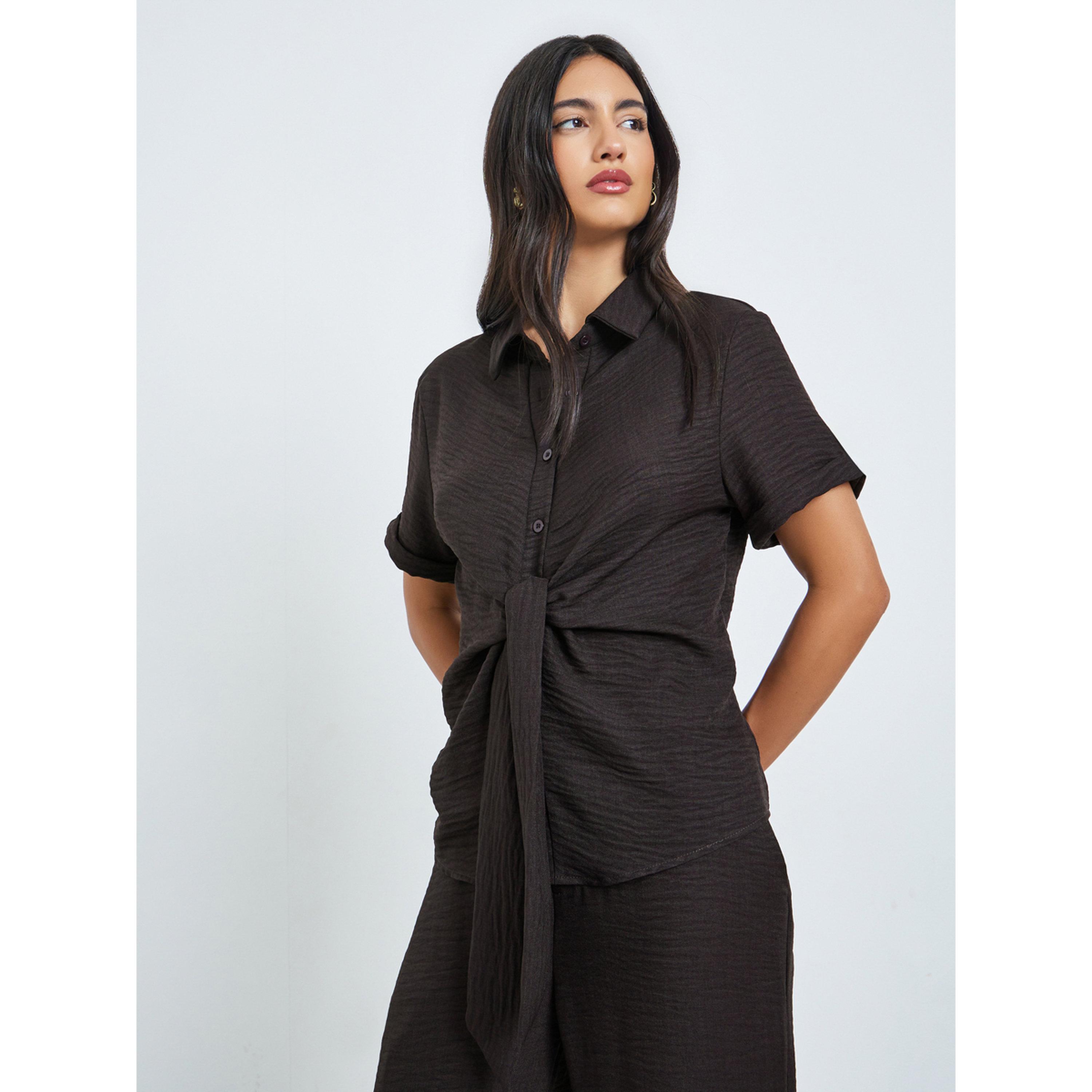 Styli Brown Short Sleeve Top with Wide Leg Pants Co-Ords-women-clothing-coordsets-image-2