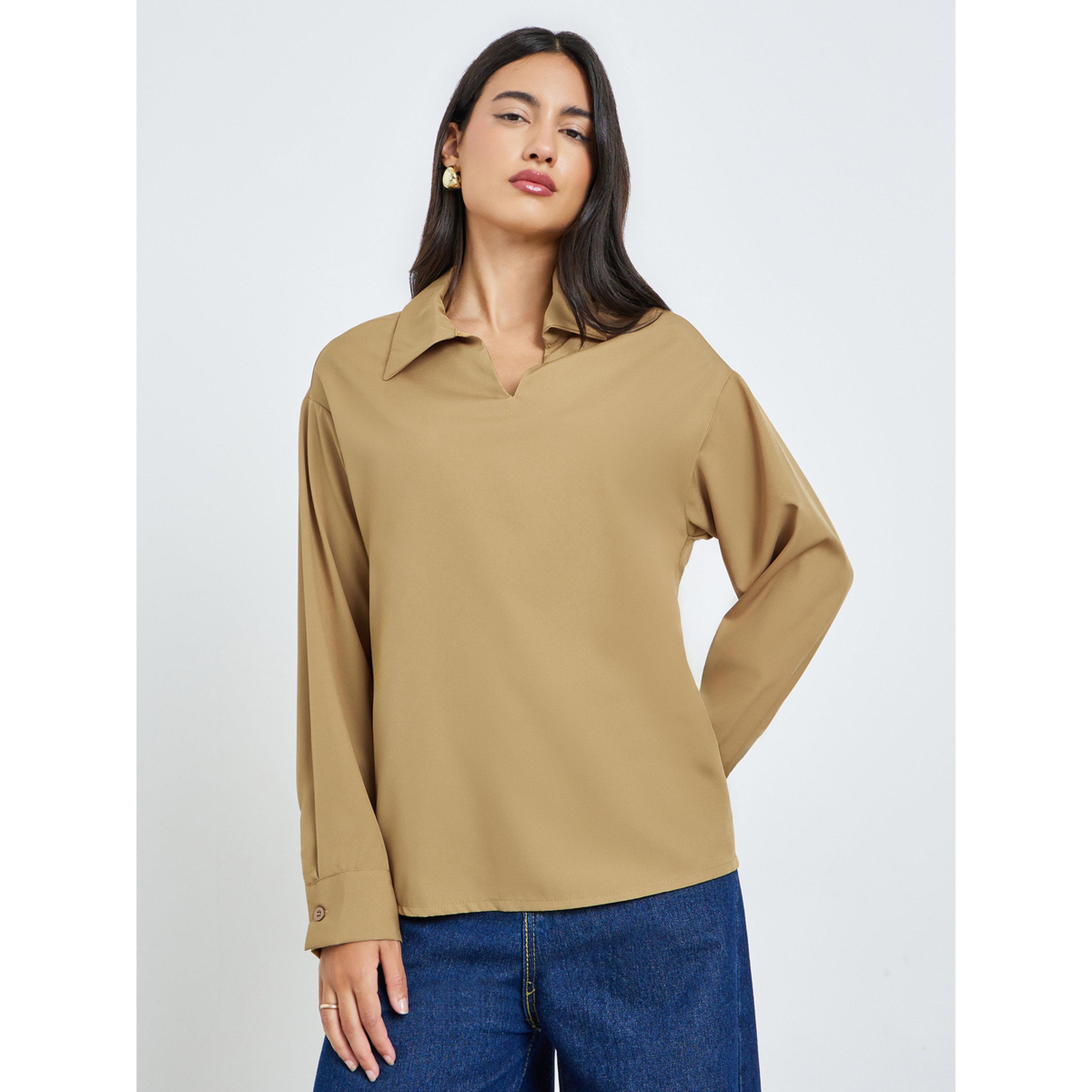 Styli Khaki Open Collar Relaxed Fit Blouse-women-clothing-shirtsandblouses-blouses-image-1