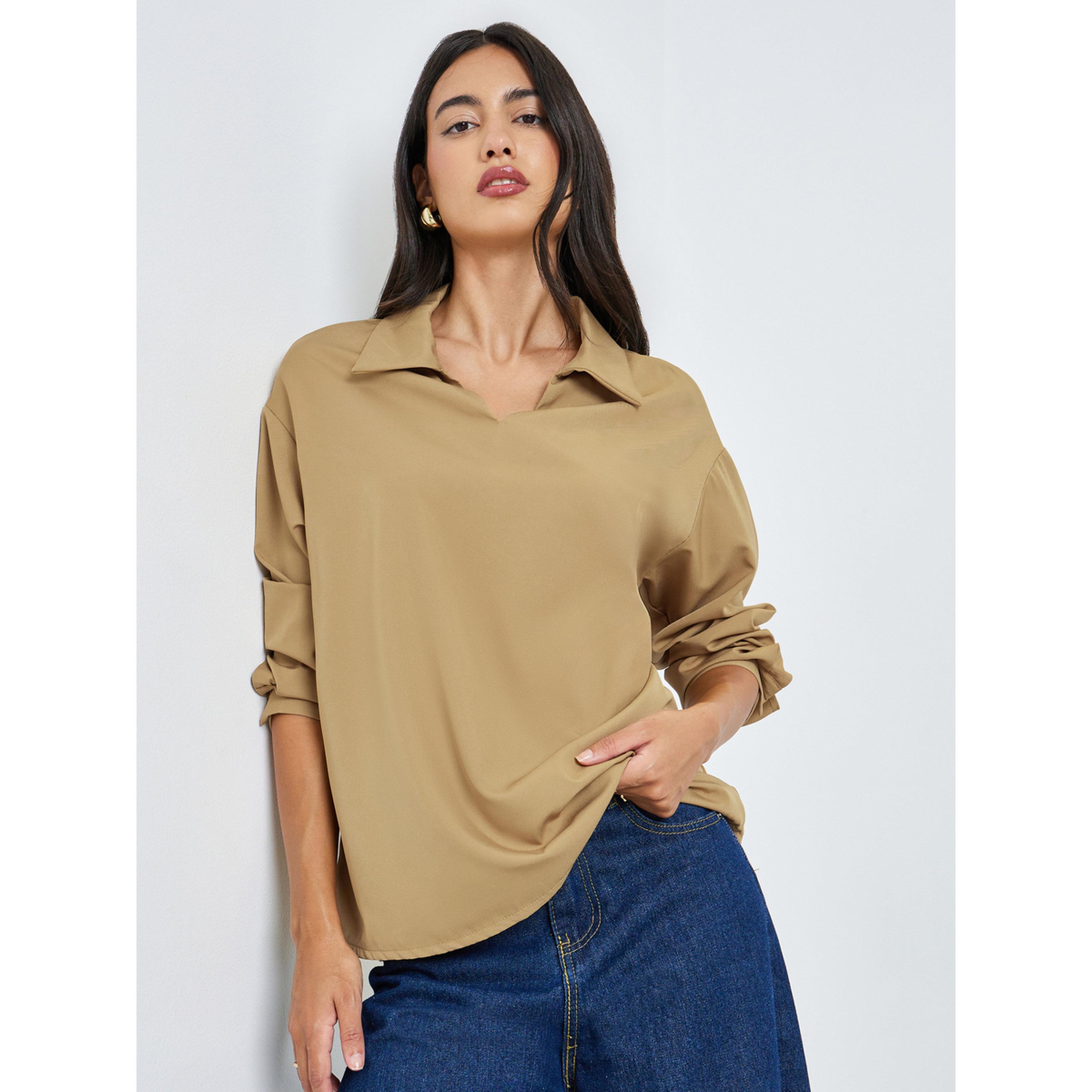 Styli Khaki Open Collar Relaxed Fit Blouse-women-clothing-shirtsandblouses-blouses-image-3