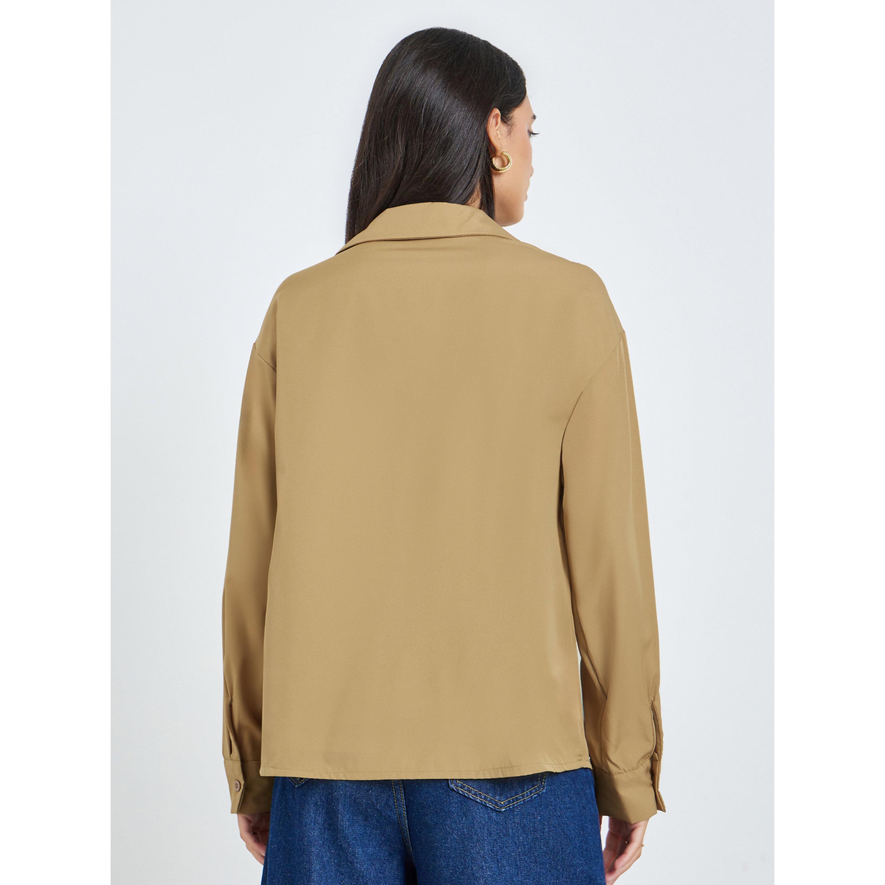 Styli Khaki Open Collar Relaxed Fit Blouse-women-clothing-shirtsandblouses-blouses-image-4