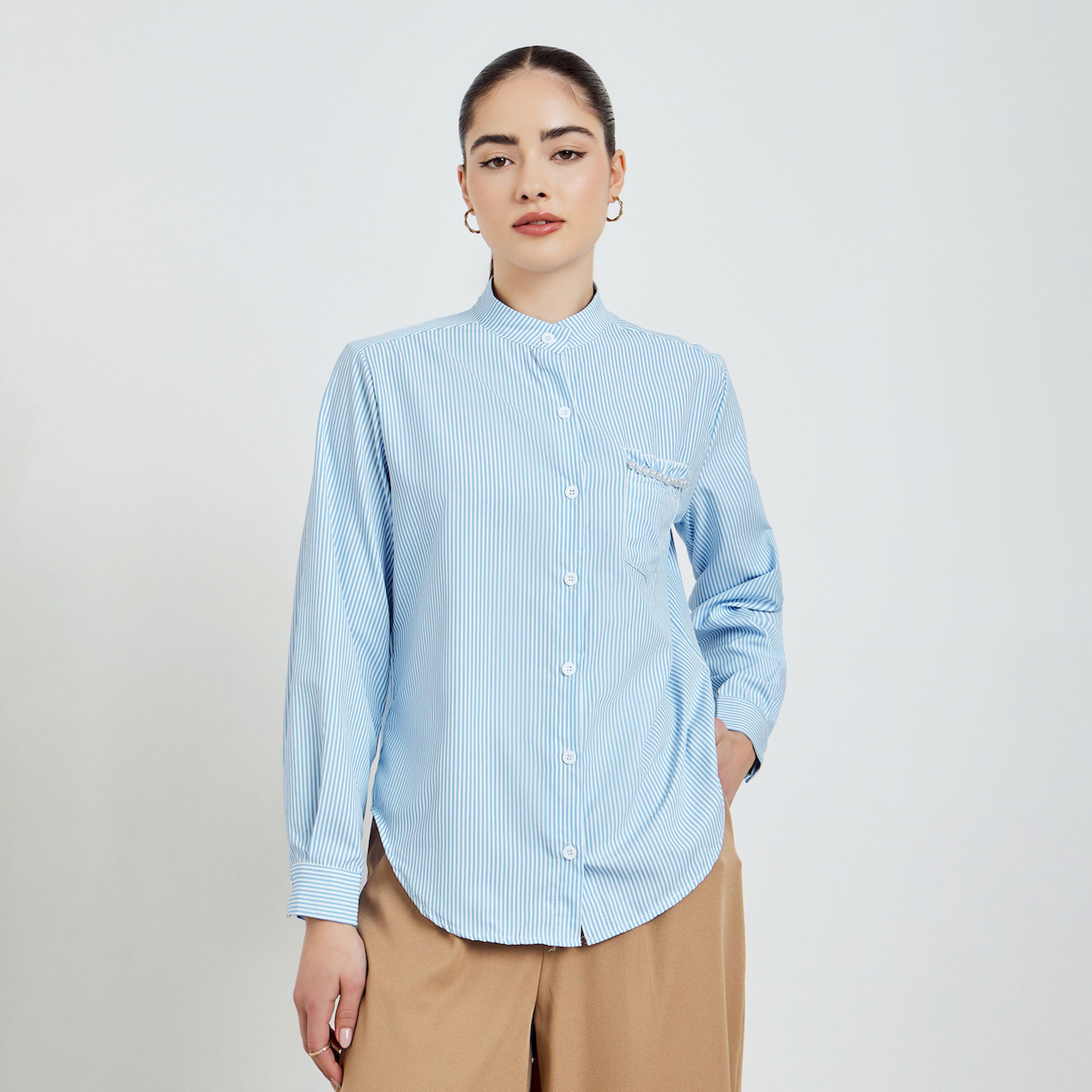 Styli Blue Striped Long Sleeve Shirt with Pearl Pocket Detail-women-clothing-shirtsandblouses-shirts-image-1