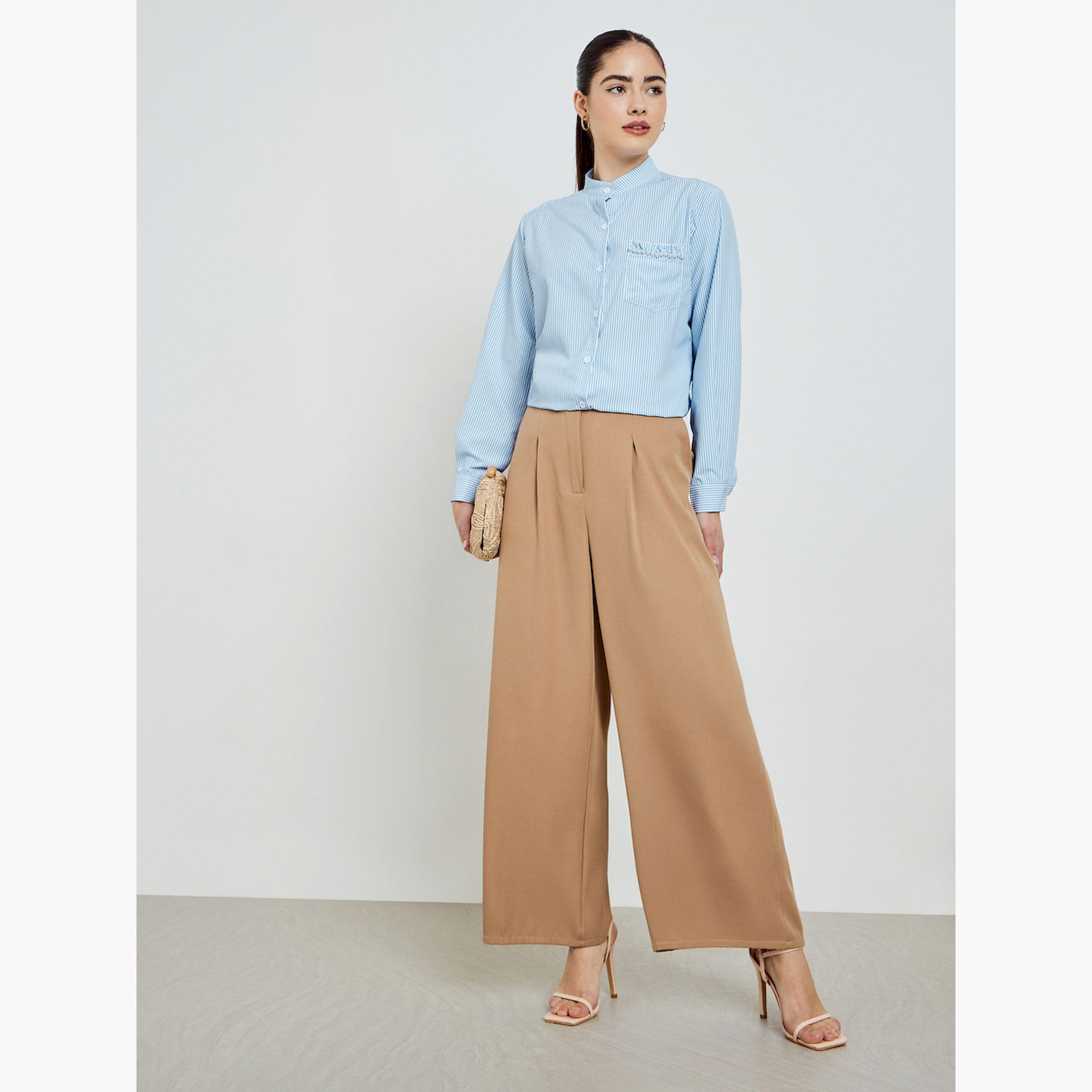 قميص مخطط بأكمام طويلة وتفاصيل لؤلؤ على الجيب-women-clothing-shirtsandblouses-shirts-image-2