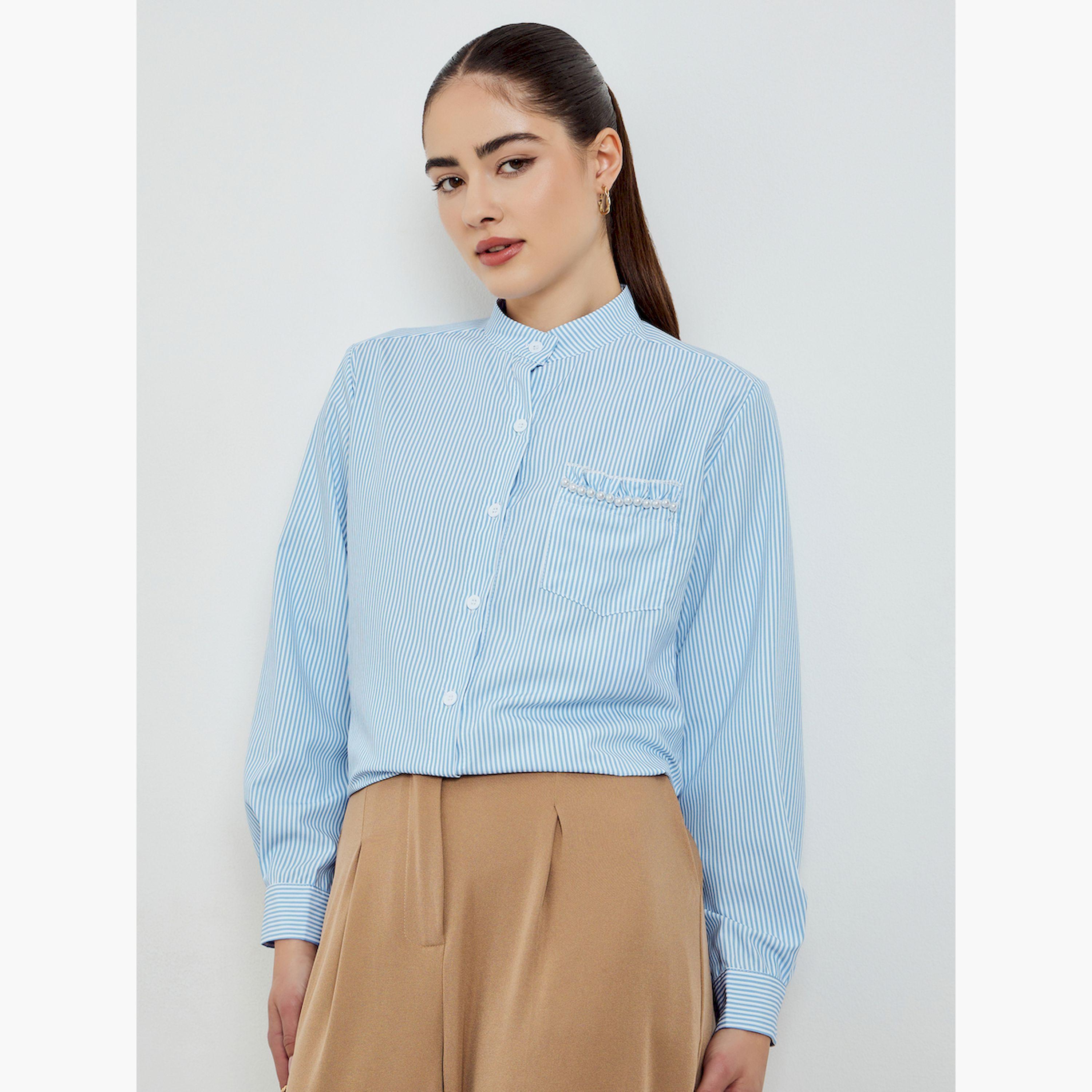 قميص مخطط بأكمام طويلة وتفاصيل لؤلؤ على الجيب-women-clothing-shirtsandblouses-shirts-image-3