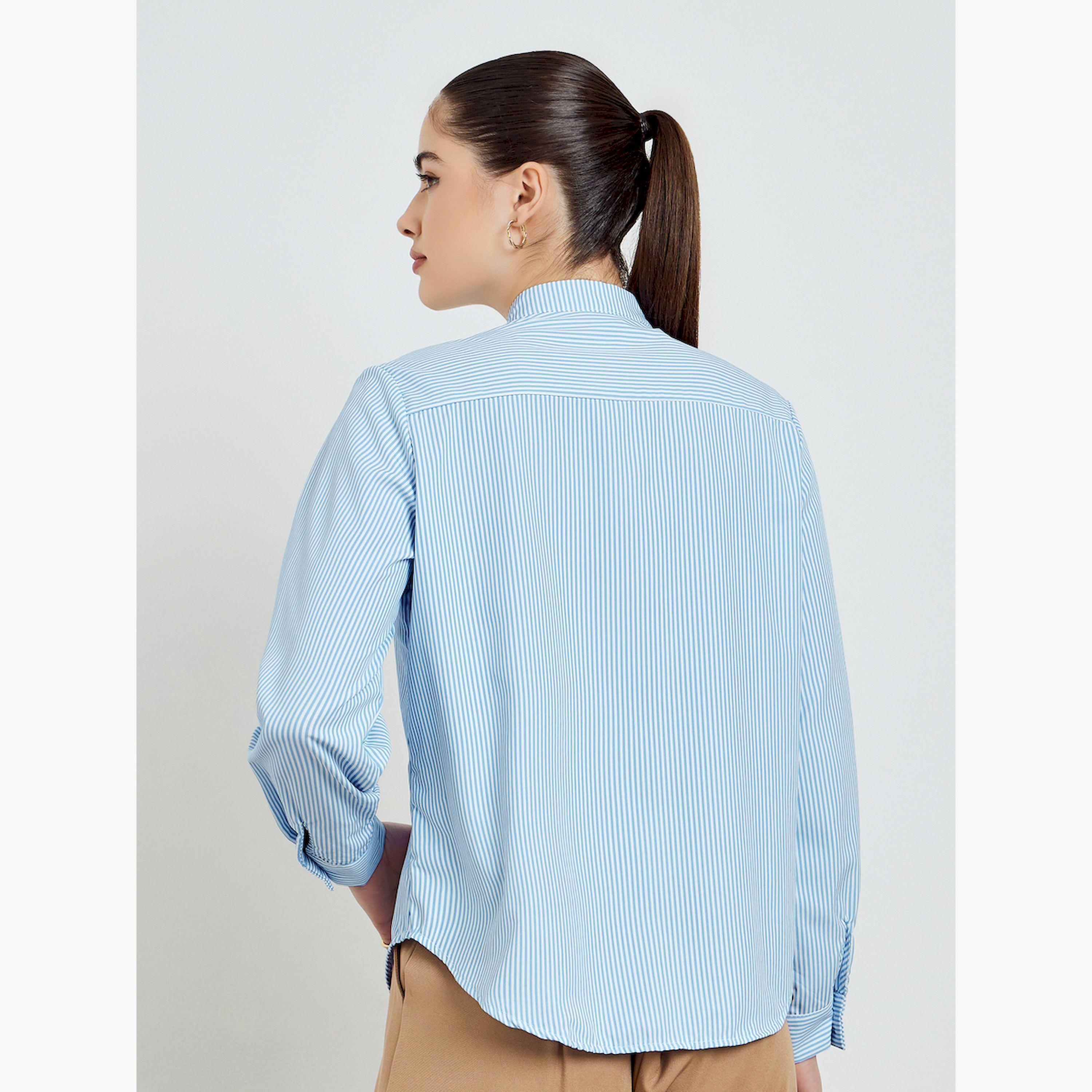 قميص مخطط بأكمام طويلة وتفاصيل لؤلؤ على الجيب-women-clothing-shirtsandblouses-shirts-image-4