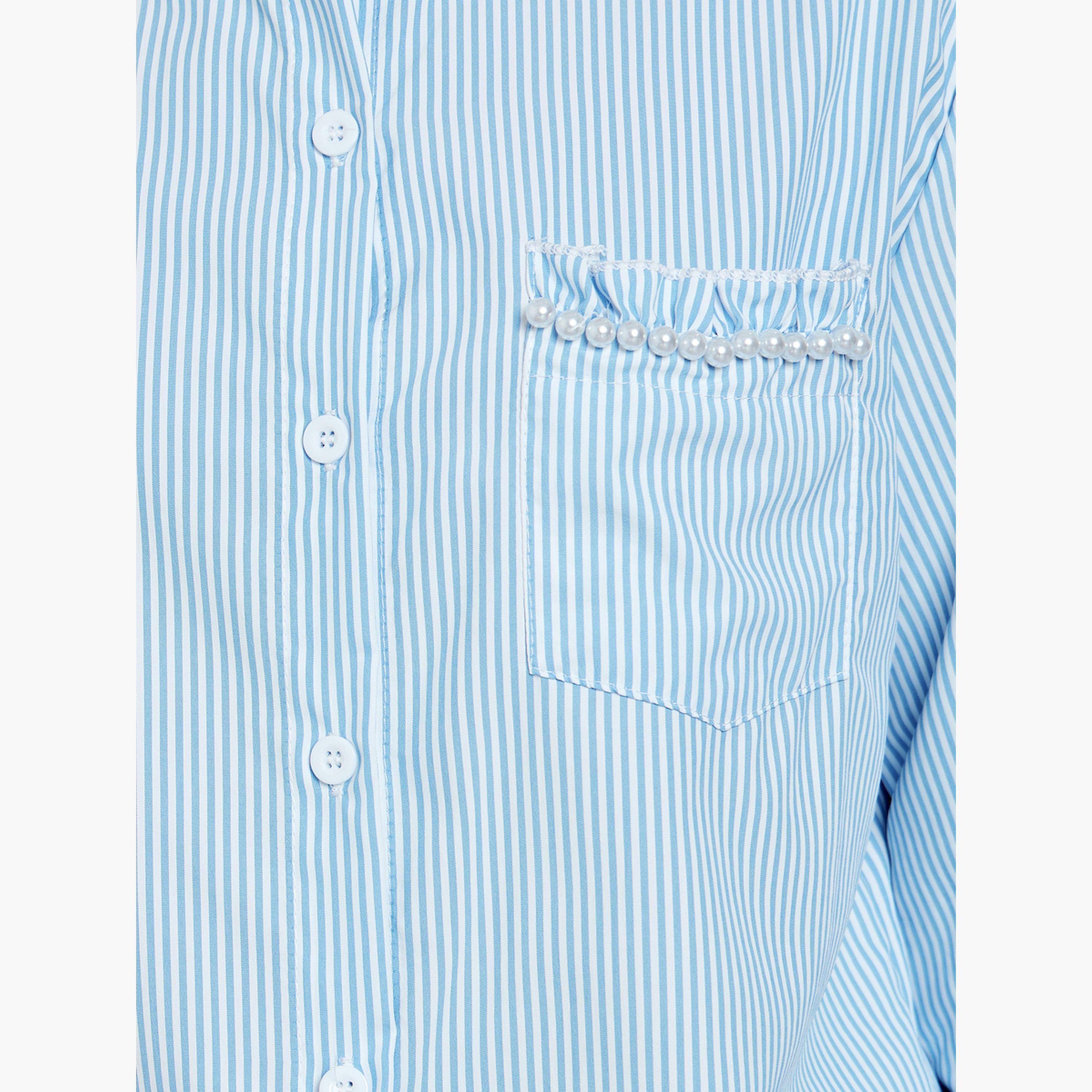 Styli Blue Striped Long Sleeve Shirt with Pearl Pocket Detail-women-clothing-shirtsandblouses-shirts-image-5