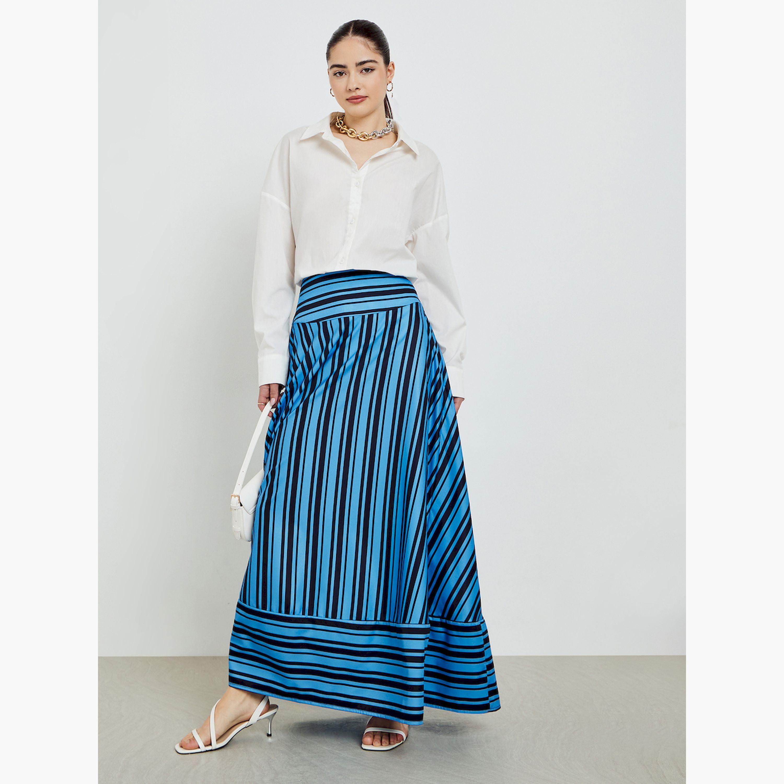 Styli Blue Striped A-Line Maxi Skirts-women-clothing-bottoms-skirts-image-2