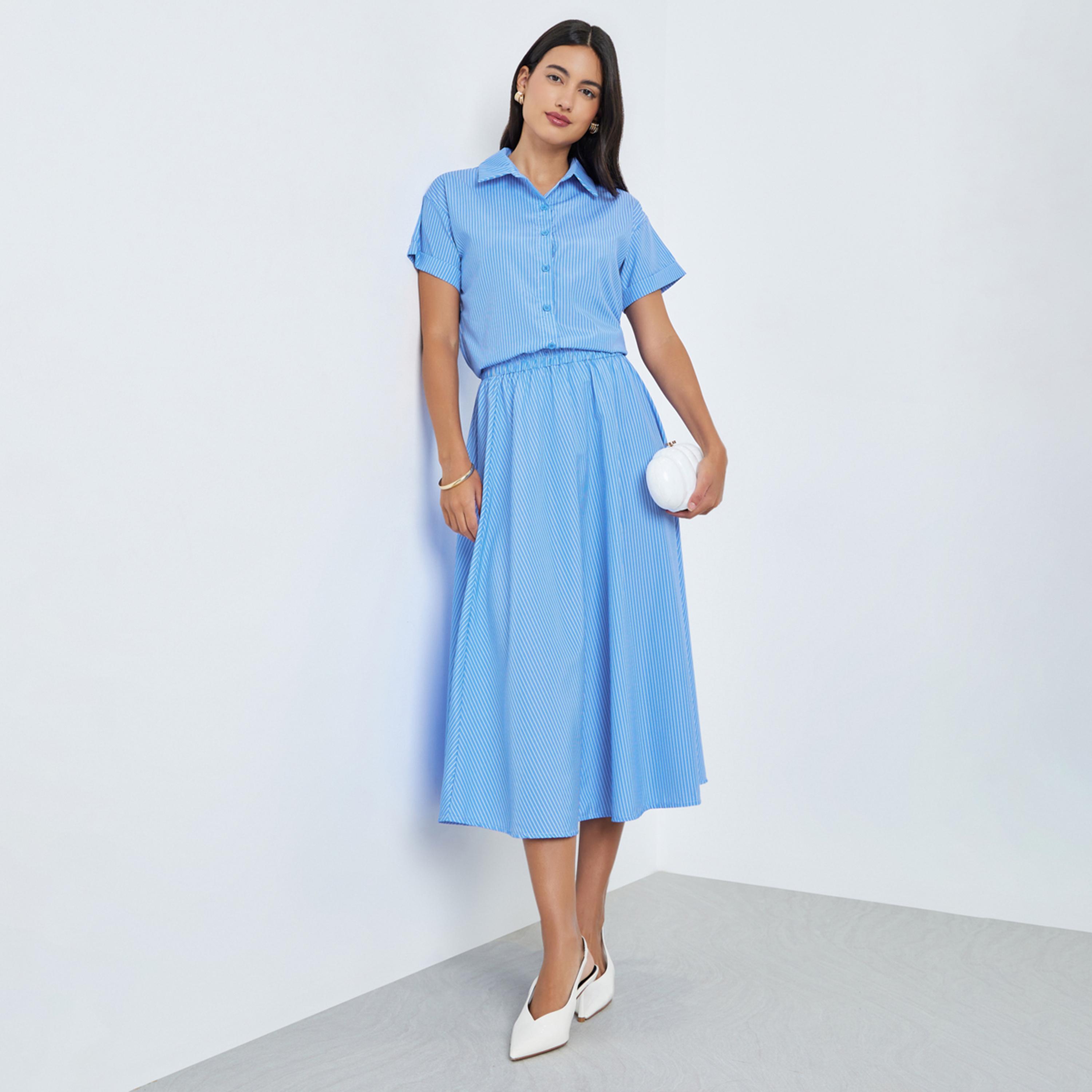 ستايلي - قميص أزرق مخطط وتنورة متوسطة الطول-women-clothing-coordsets-image-1