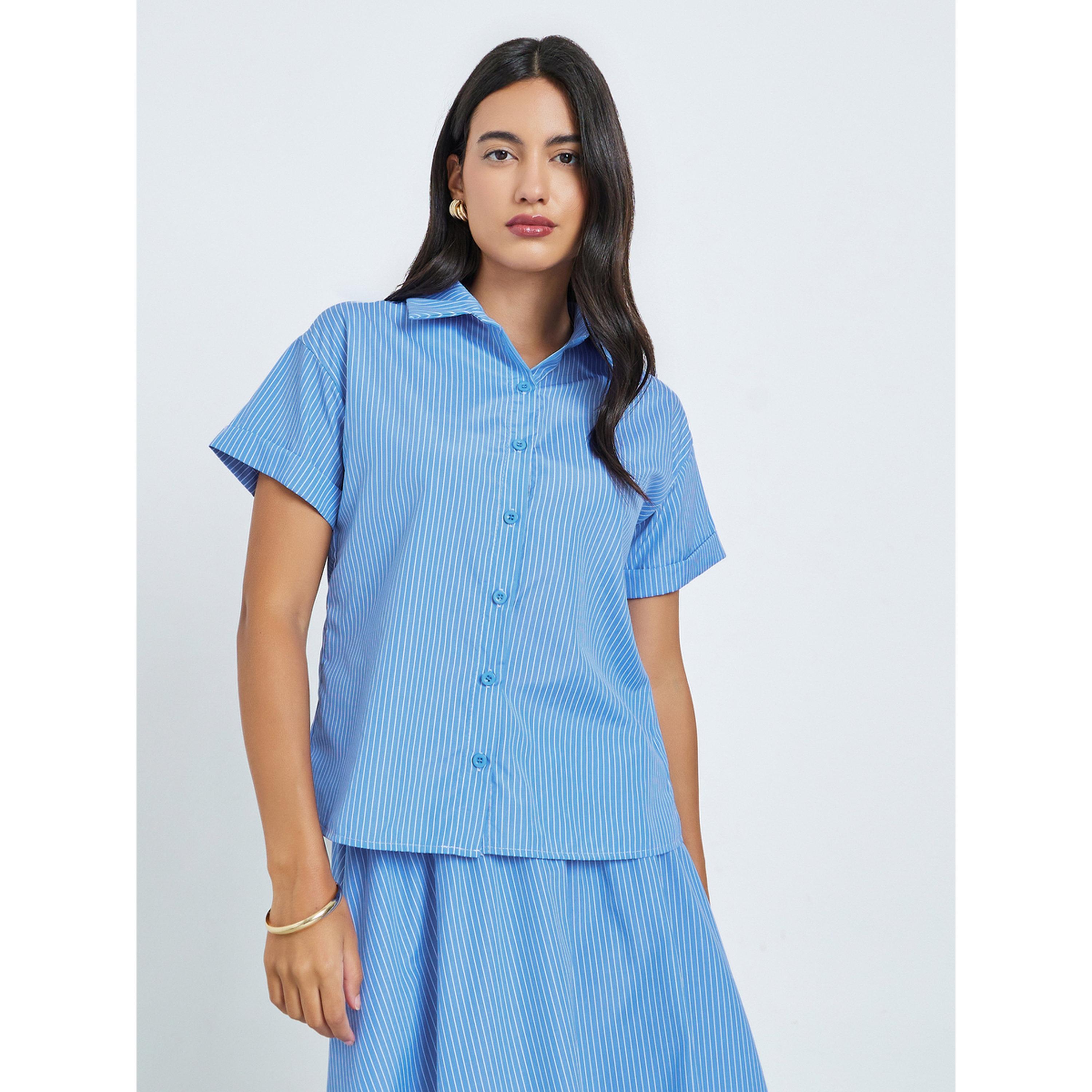 ستايلي - قميص أزرق مخطط وتنورة متوسطة الطول-women-clothing-coordsets-image-2