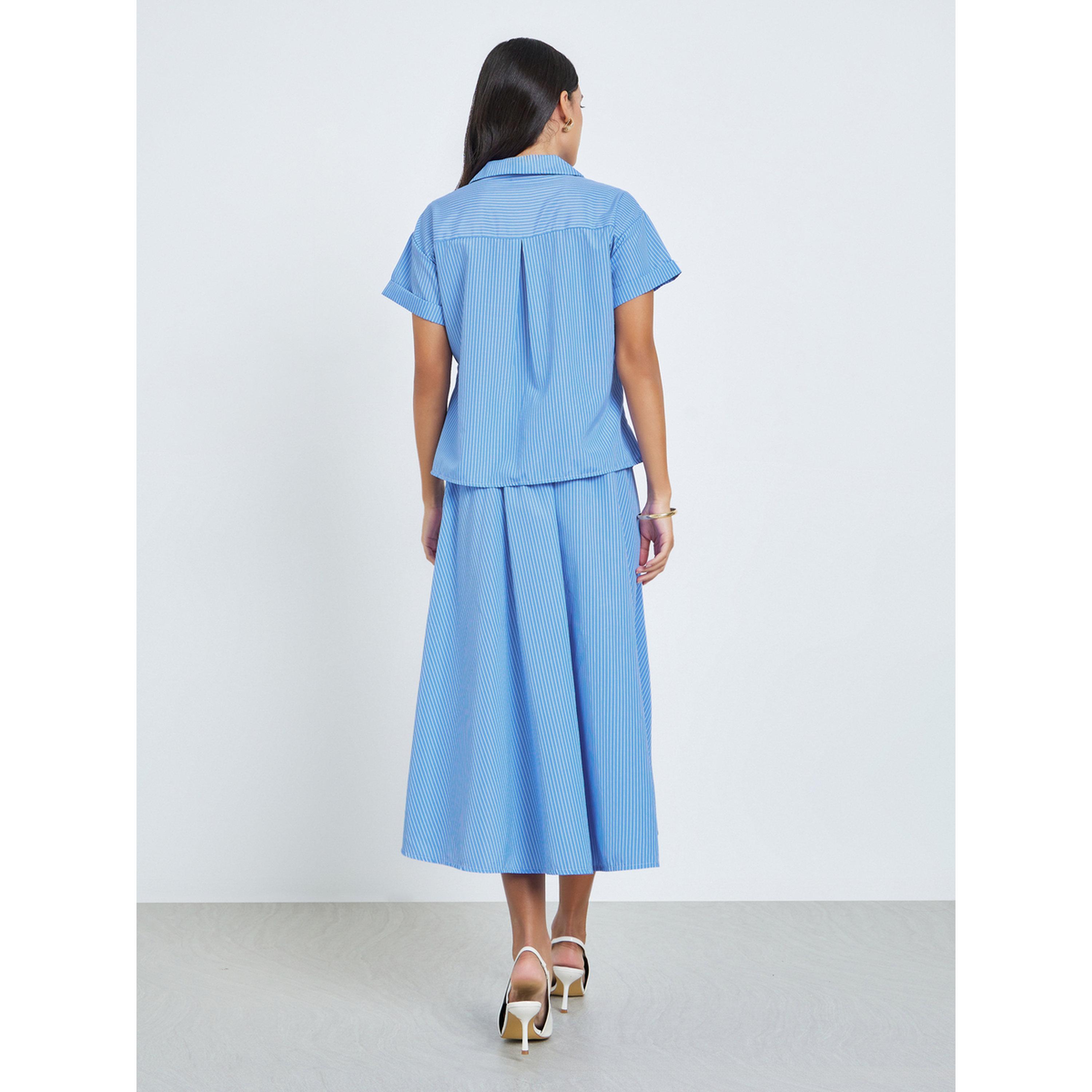 ستايلي - قميص أزرق مخطط وتنورة متوسطة الطول-women-clothing-coordsets-image-3