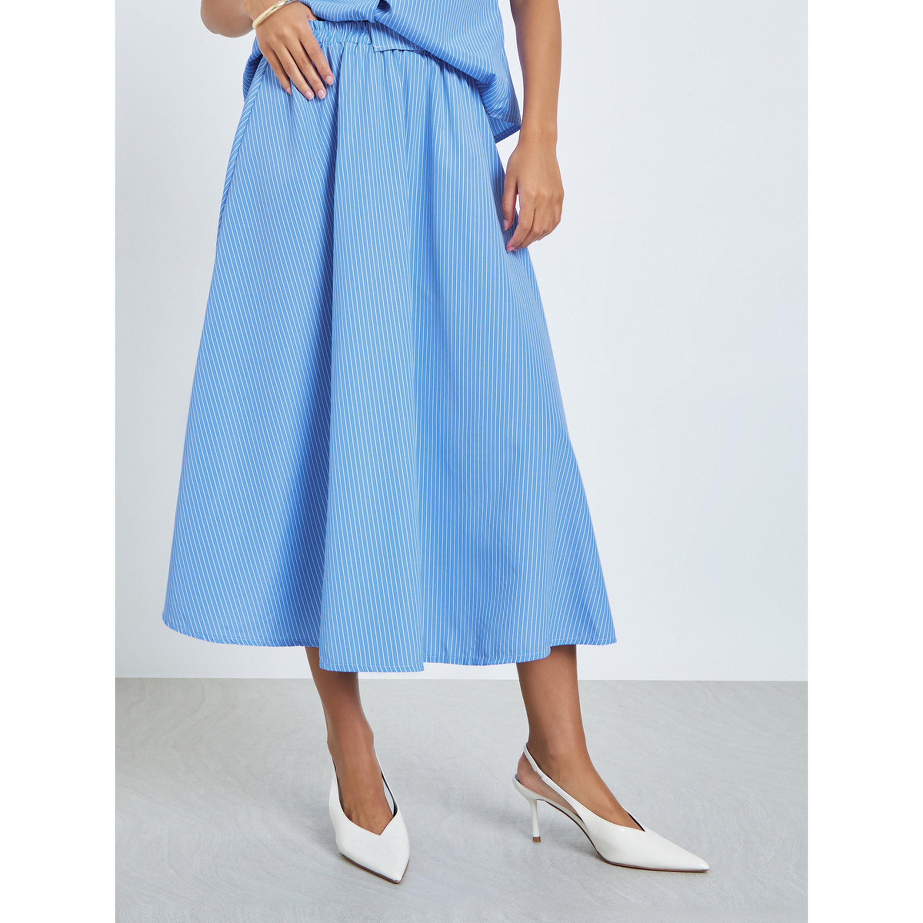ستايلي - قميص أزرق مخطط وتنورة متوسطة الطول-women-clothing-coordsets-image-4