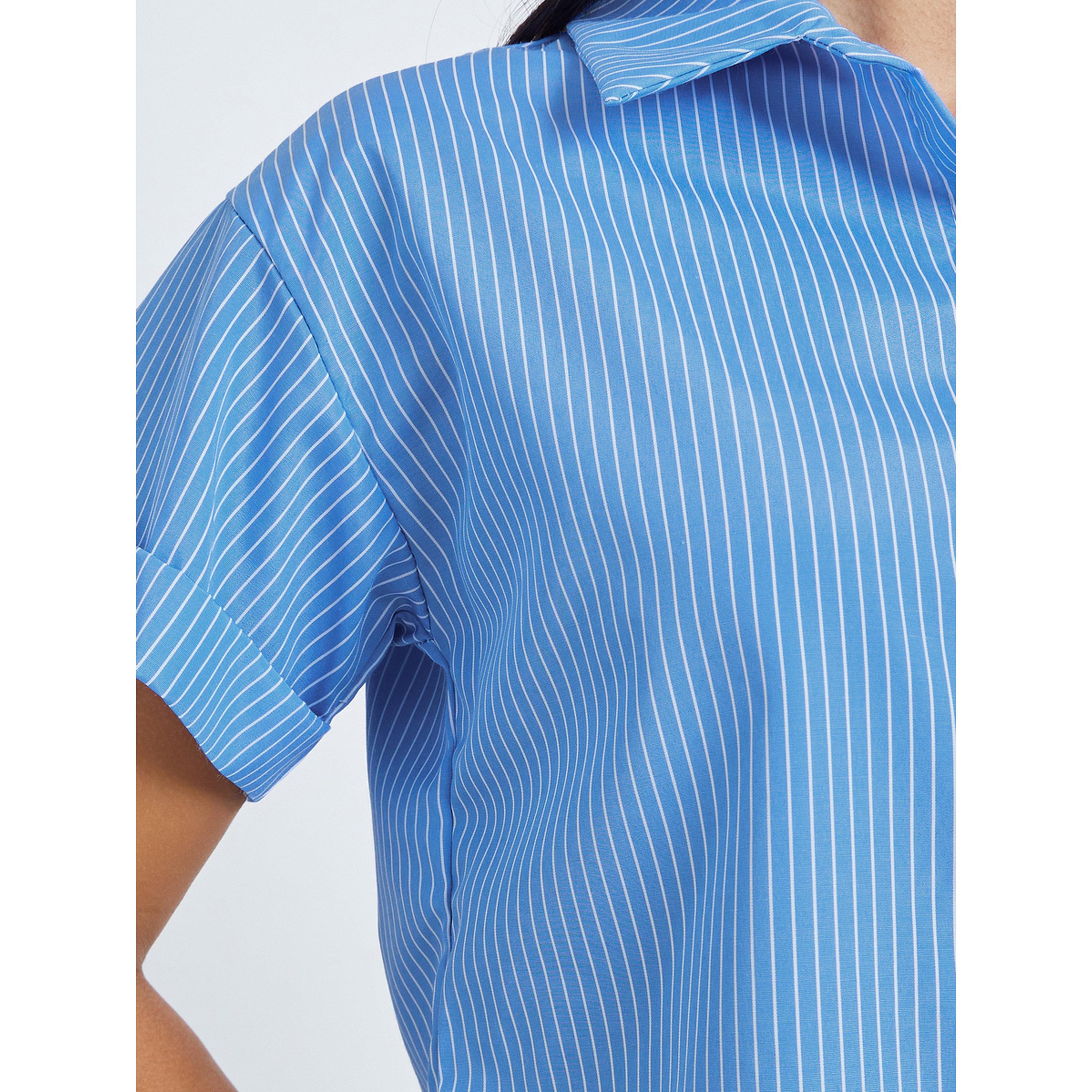 ستايلي - قميص أزرق مخطط وتنورة متوسطة الطول-women-clothing-coordsets-image-5