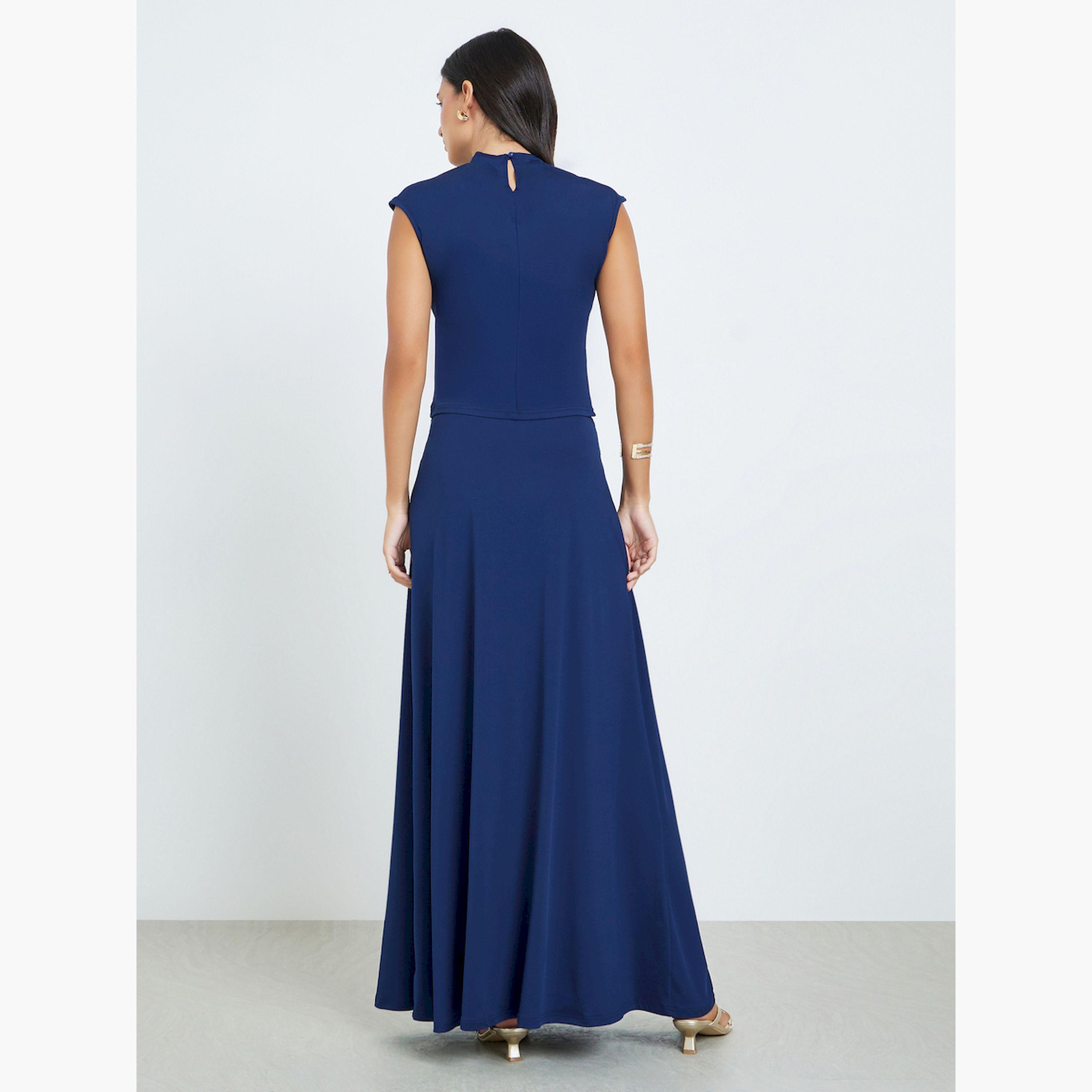 ستايلي - طقم بلوزة بدون أكمام وتنورة طويلة من الصوف المحبوك لون كحلي-women-clothing-coordsets-image-5