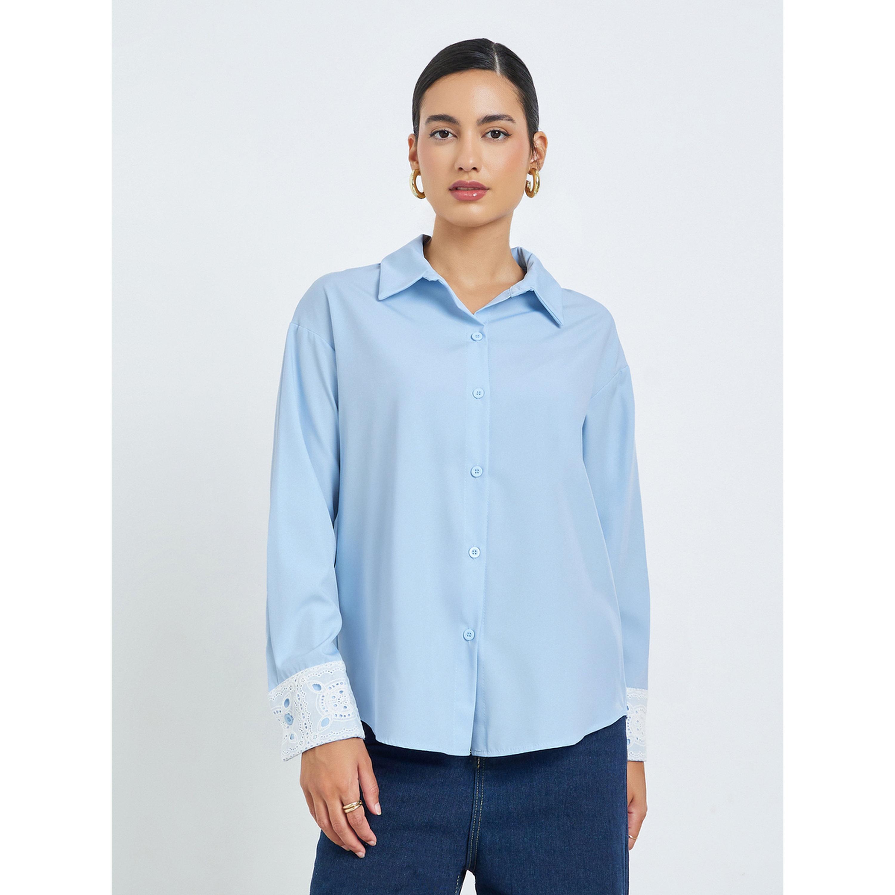 Styli Blue Shirt with Lace Embellished Cuffs-women-clothing-shirtsandblouses-shirts-image-1