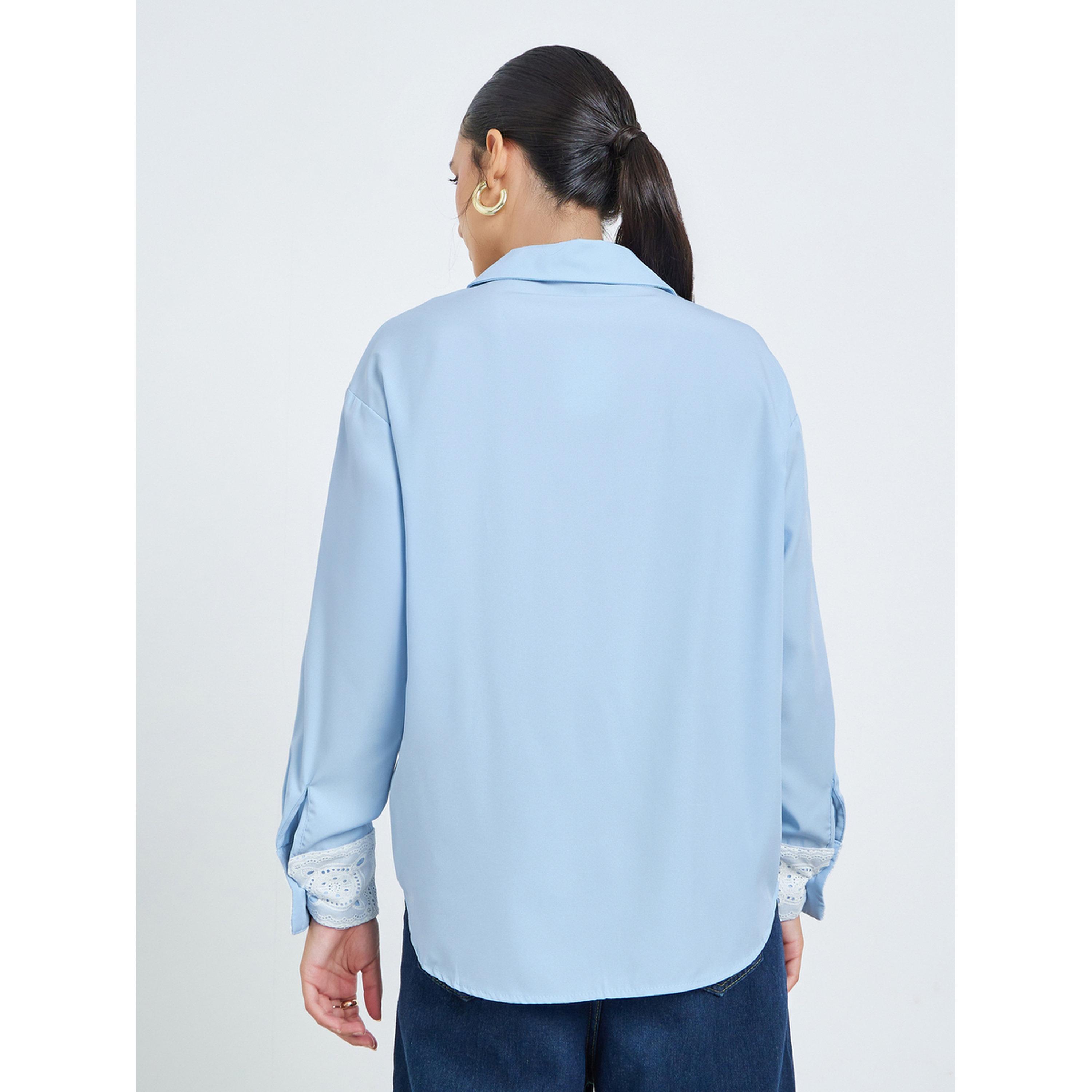 Styli Blue Shirt with Lace Embellished Cuffs-women-clothing-shirtsandblouses-shirts-image-4