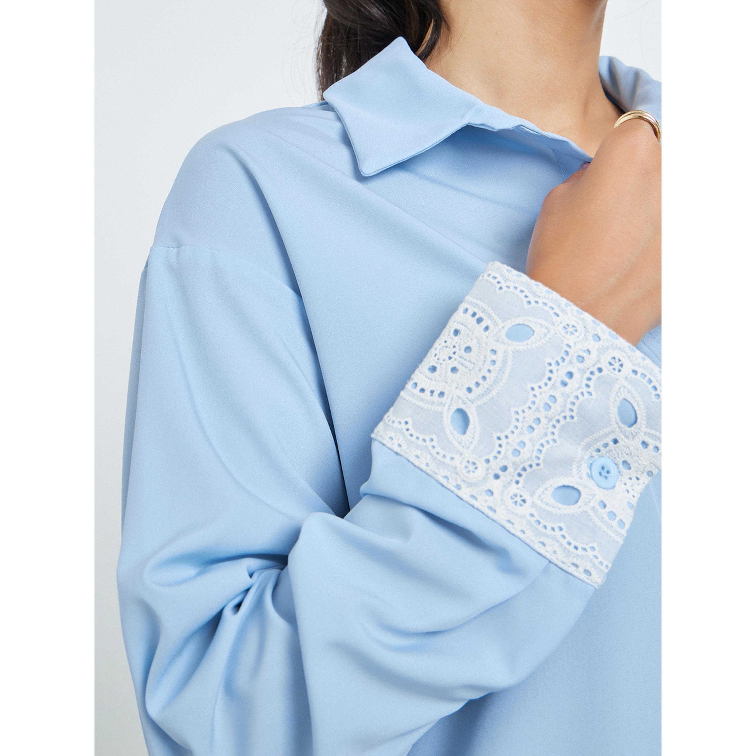 Styli Blue Shirt with Lace Embellished Cuffs-women-clothing-shirtsandblouses-shirts-image-5
