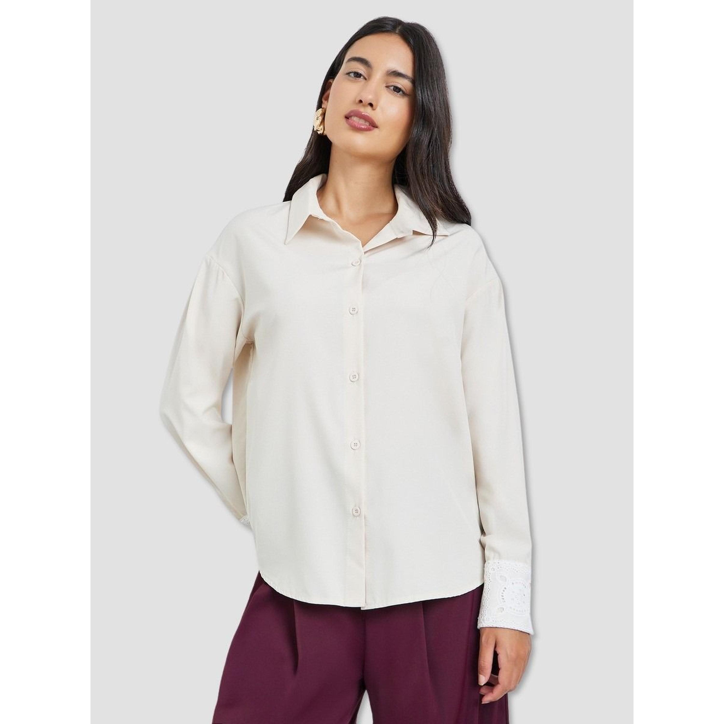ستايلي - قميص كريمي بأكمام طويلة وأساور من الدانتيل-women-clothing-shirtsandblouses-shirts-image-1