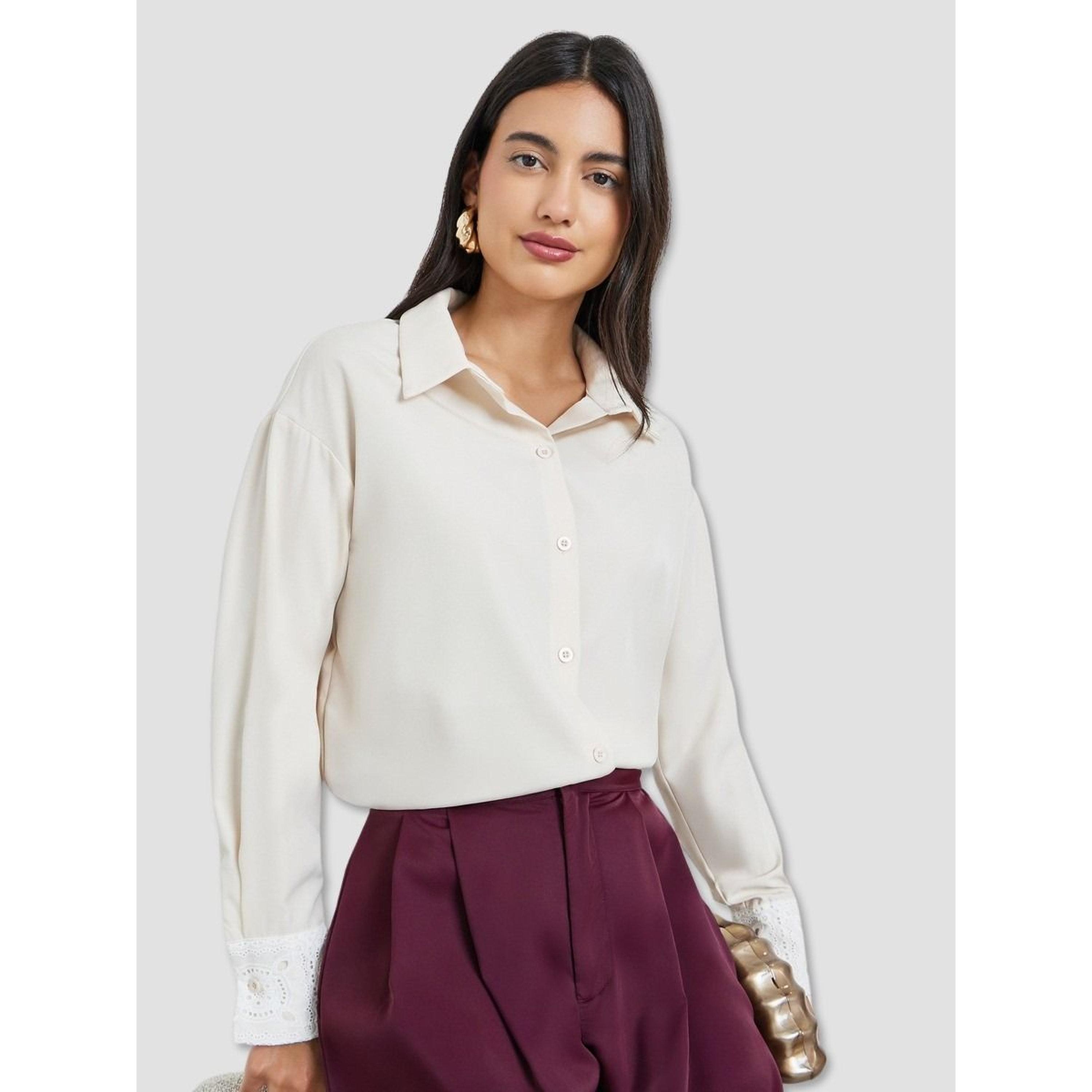 ستايلي - قميص كريمي بأكمام طويلة وأساور من الدانتيل-women-clothing-shirtsandblouses-shirts-image-3