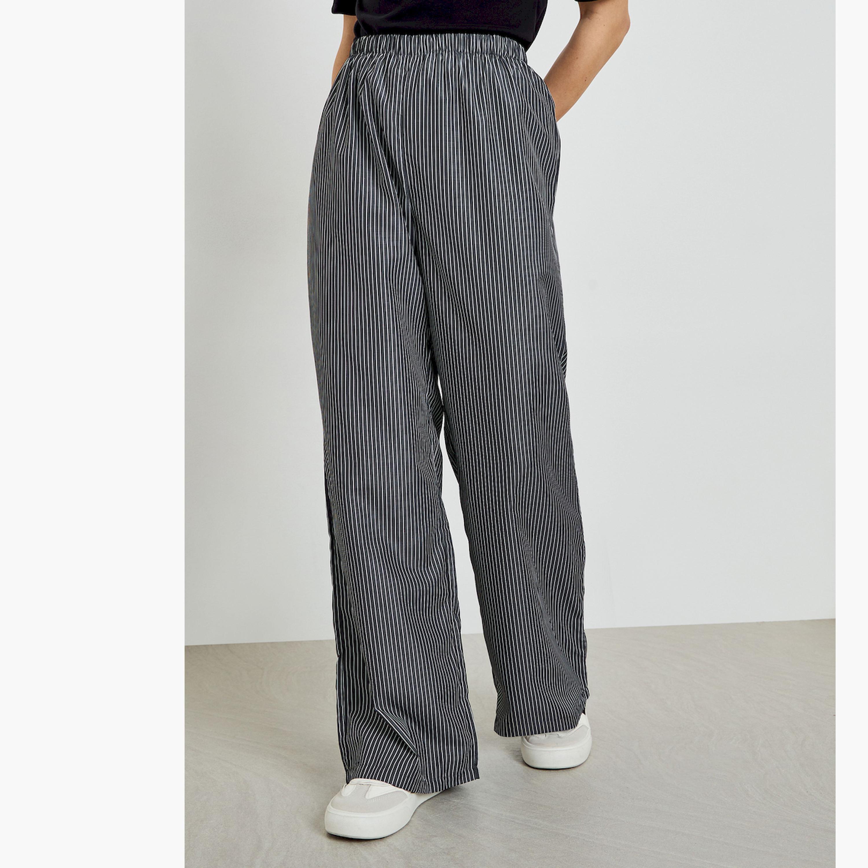 Styli Grey Striped Elastic Waist Wide Leg Pants-women-clothing-bottoms-trousers-image-1