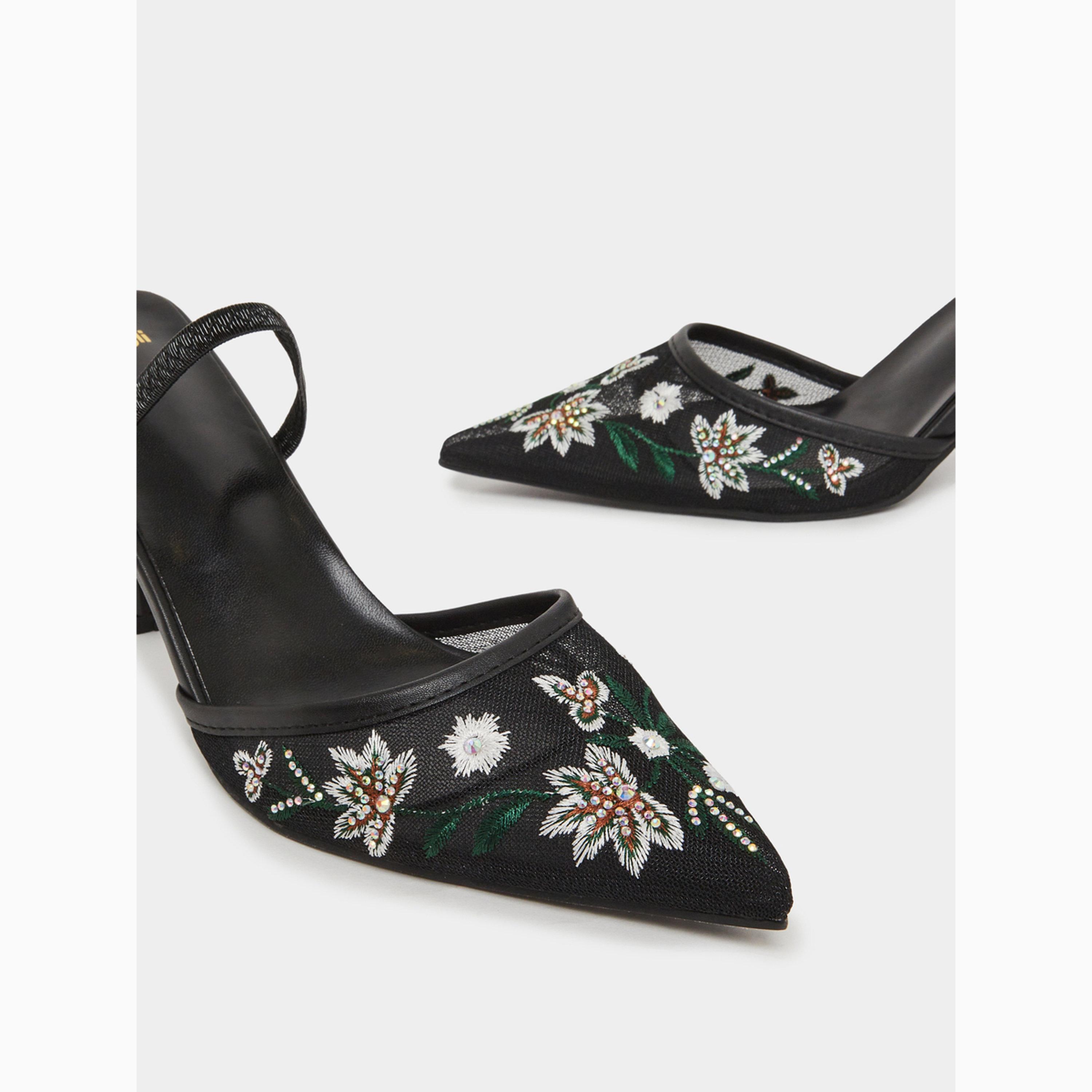 Styli Black Embroidered Pointed Toe Mules-women-shoes-heels-image-3