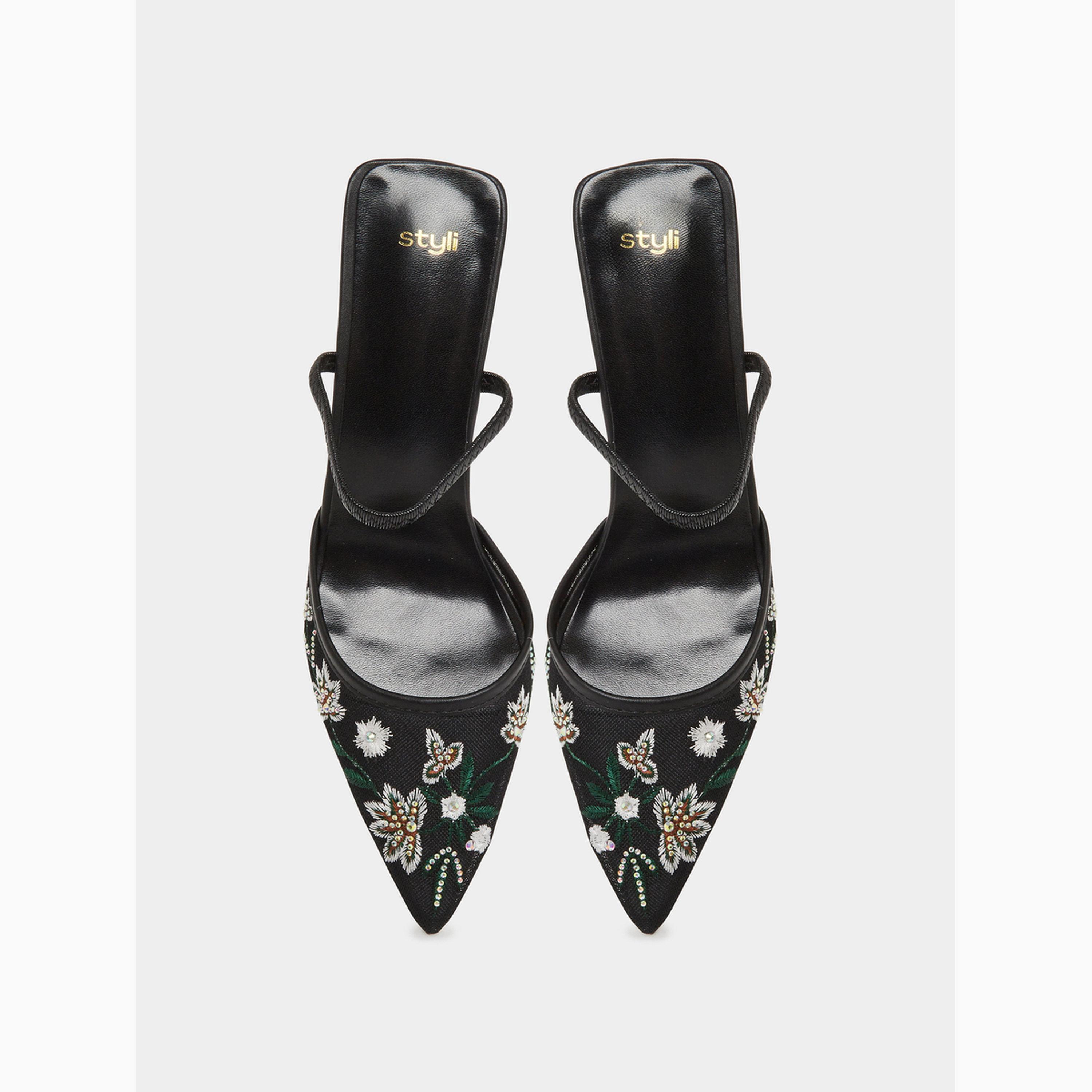 Styli Black Embroidered Pointed Toe Mules-women-shoes-heels-image-5