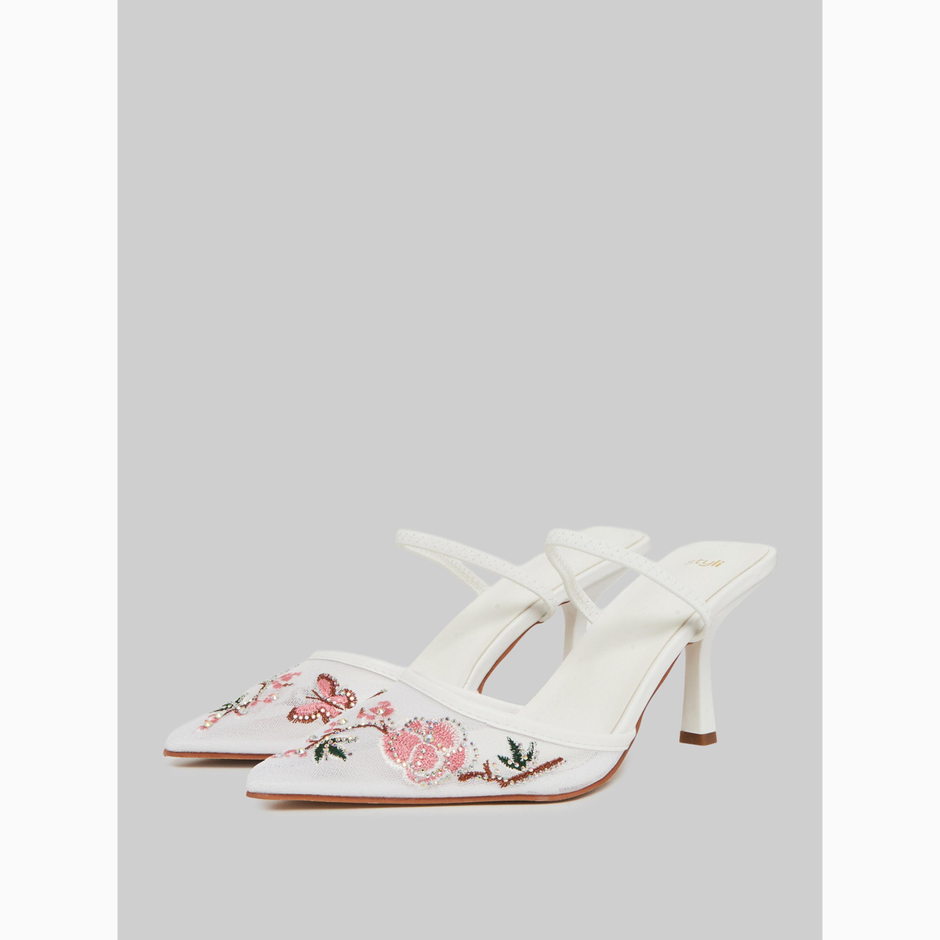 Styli White Embroidered Pointed Toe Mules-women-shoes-heels-image-1