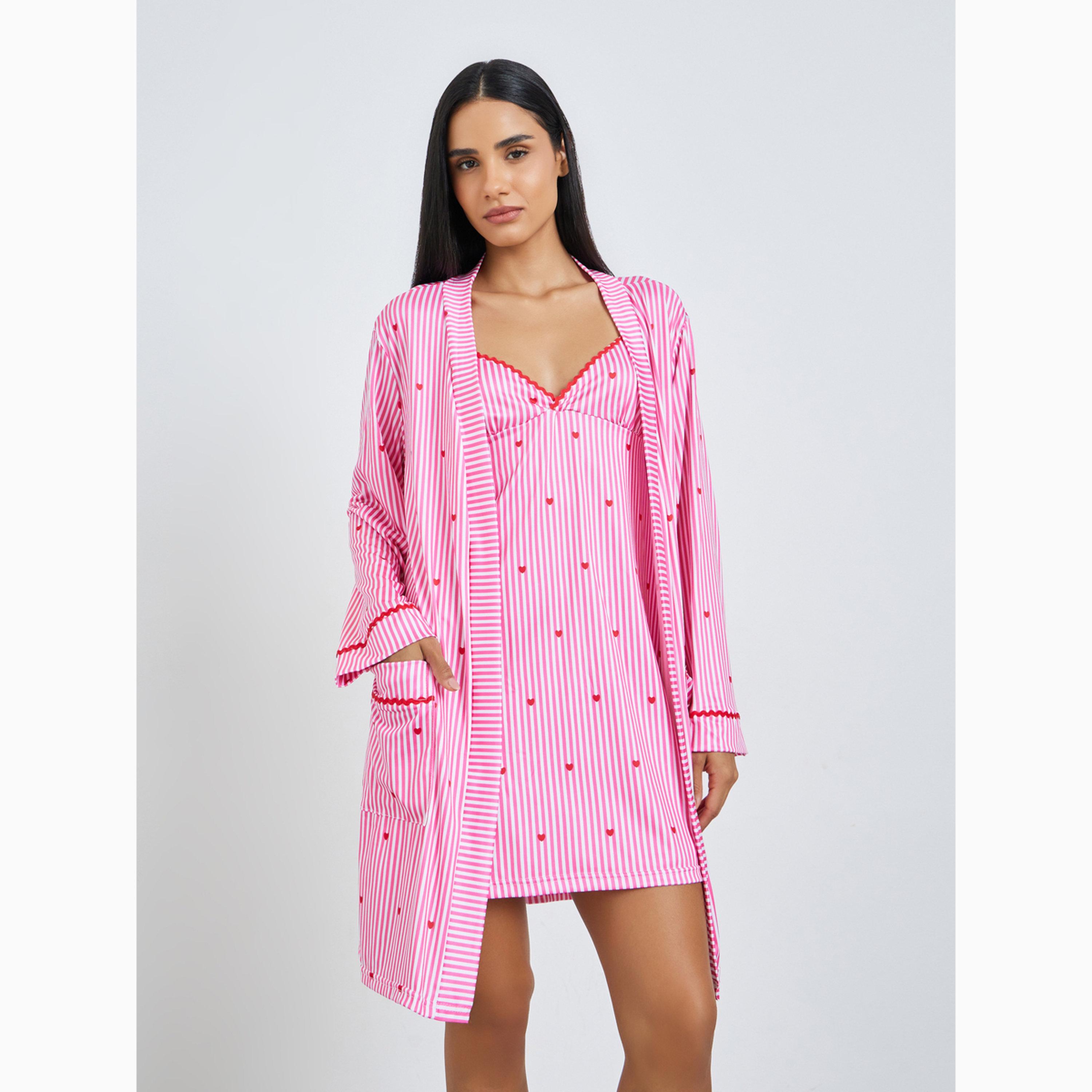 Styli Striped Slip Dress and Robe Set with Heart Print Detail-women-clothing-nightwear-nighties-image-1