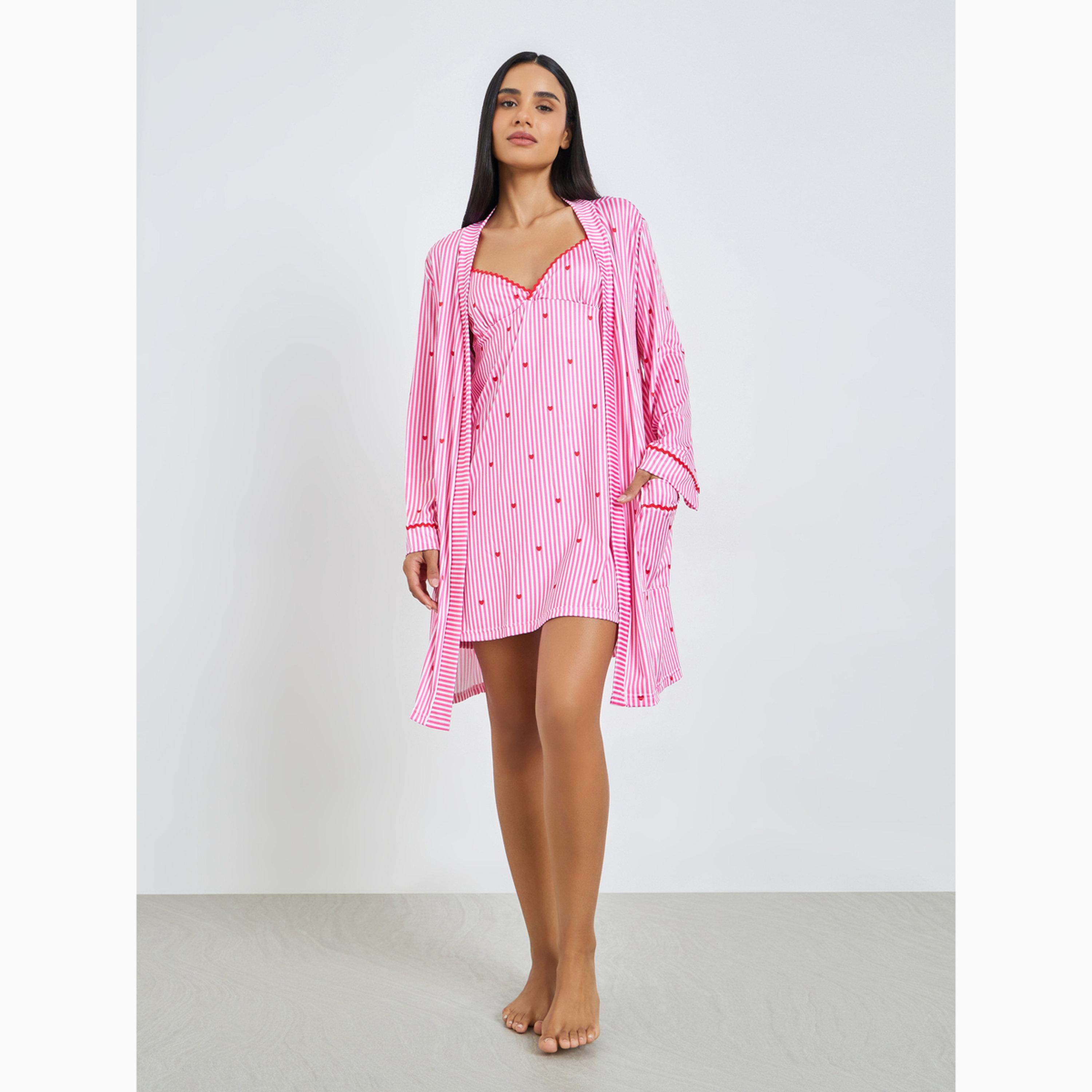 Styli Striped Slip Dress and Robe Set with Heart Print Detail-women-clothing-nightwear-nighties-image-2