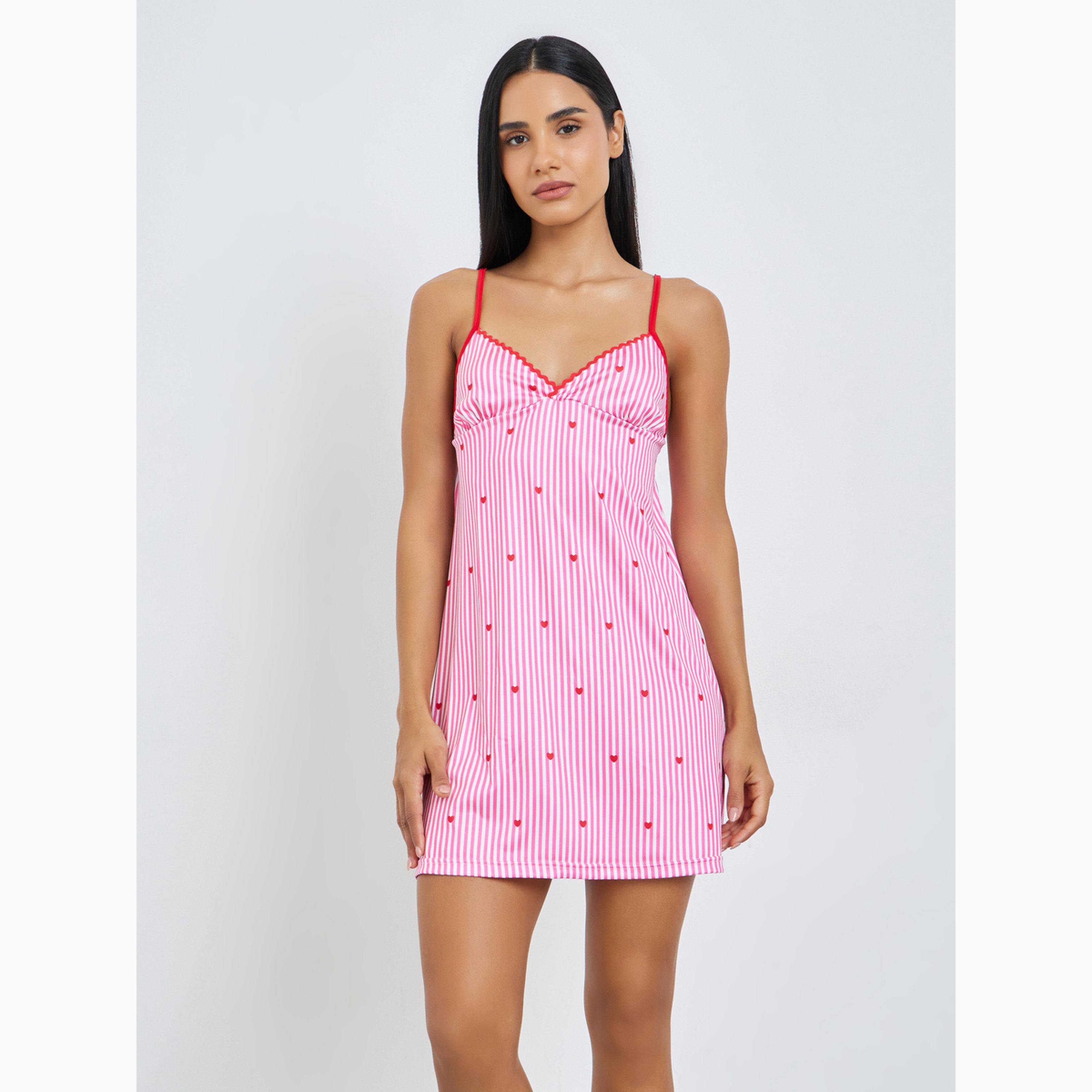 Styli Striped Slip Dress and Robe Set with Heart Print Detail-women-clothing-nightwear-nighties-image-3