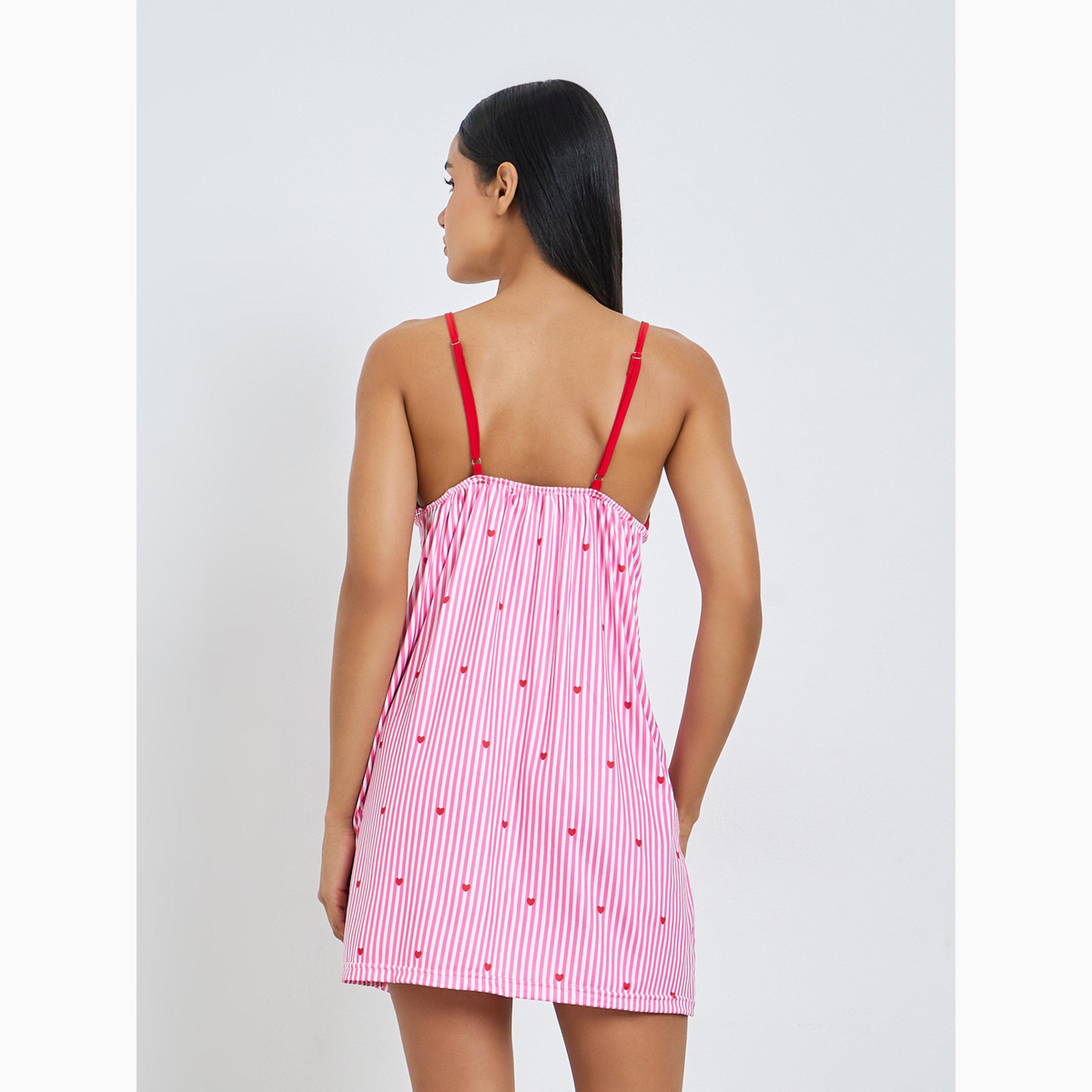 Styli Striped Slip Dress and Robe Set with Heart Print Detail-women-clothing-nightwear-nighties-image-5